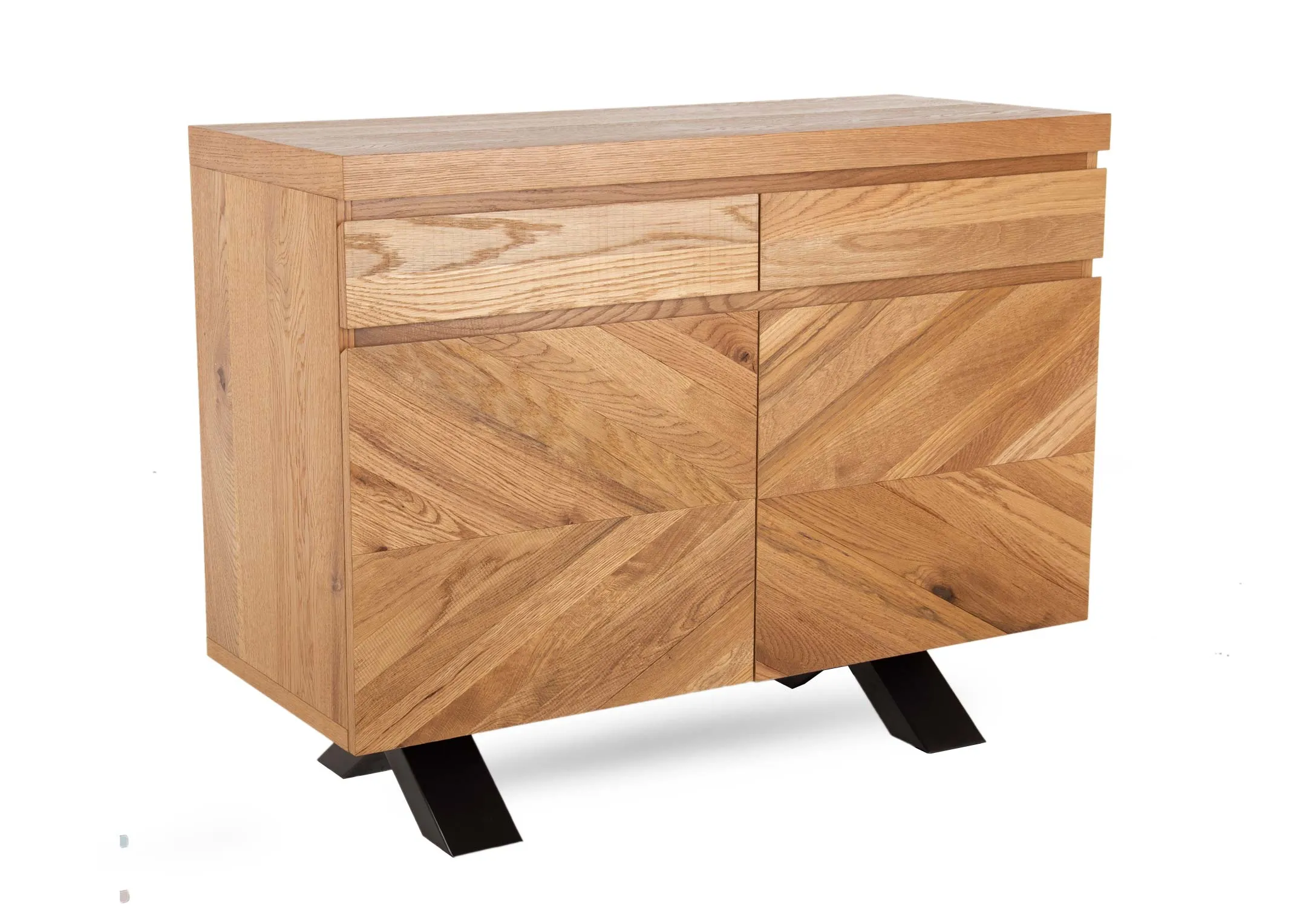 A rustic oak 2 door sideboard from EZ Living Furnitures Ellipse range. Angled view of black legs