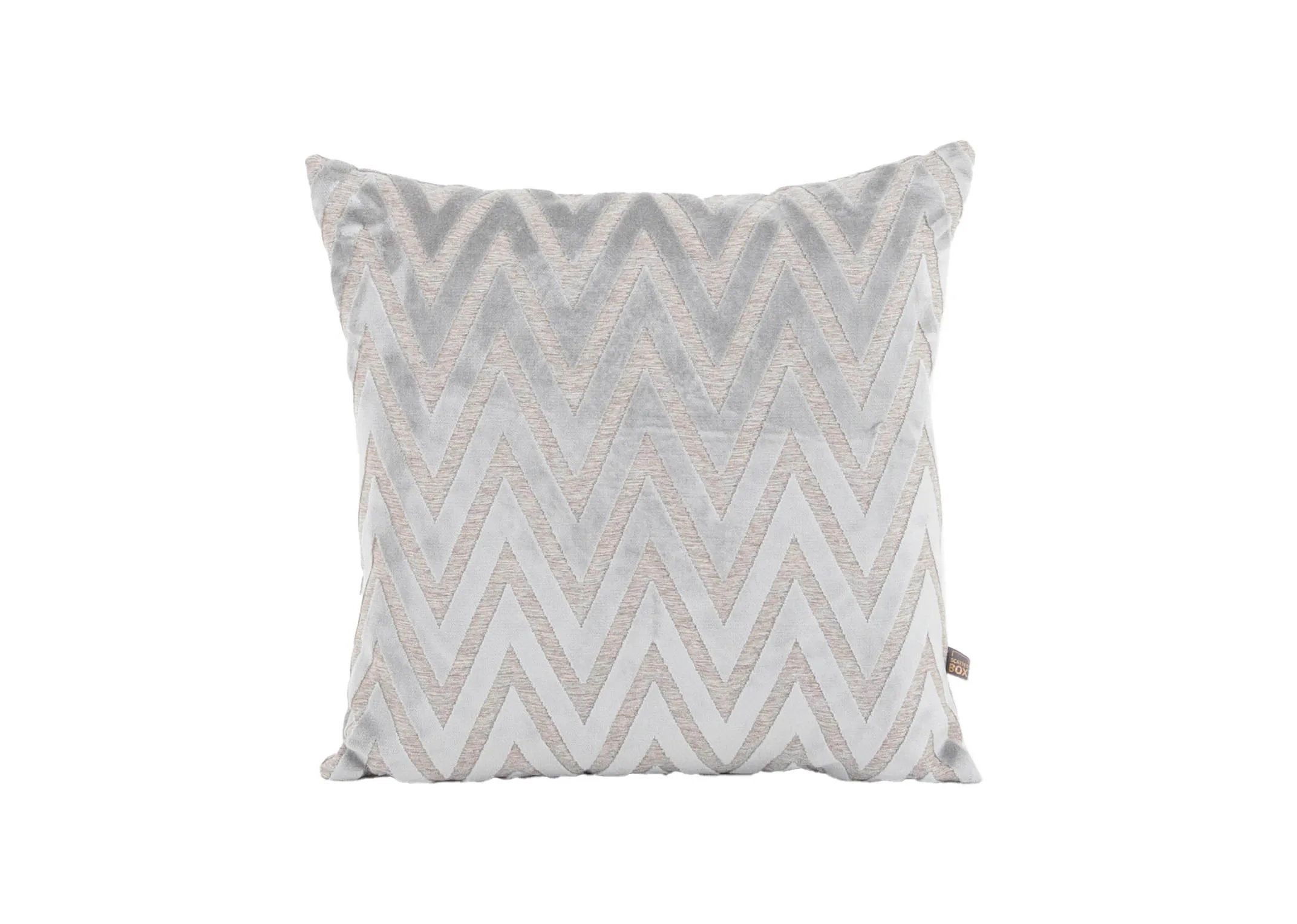 A silver cushion with geometric design from EZ Livings Bowie range. Front view of cushion