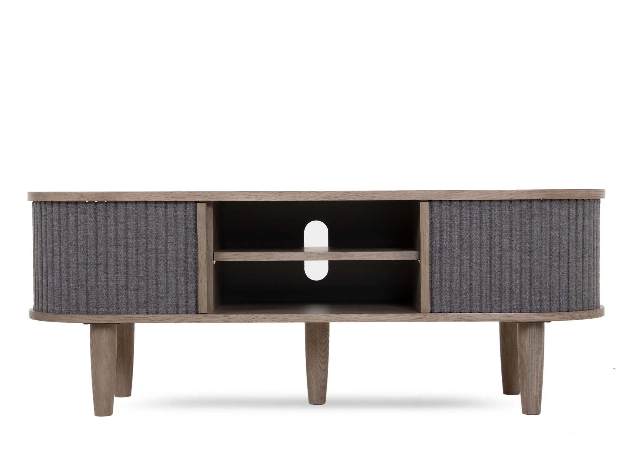 A grey ash 2 door and 2 shelf tv unit from EZ Living Furniture's Monroe range. Front view of the tv unit with 2 shelves 