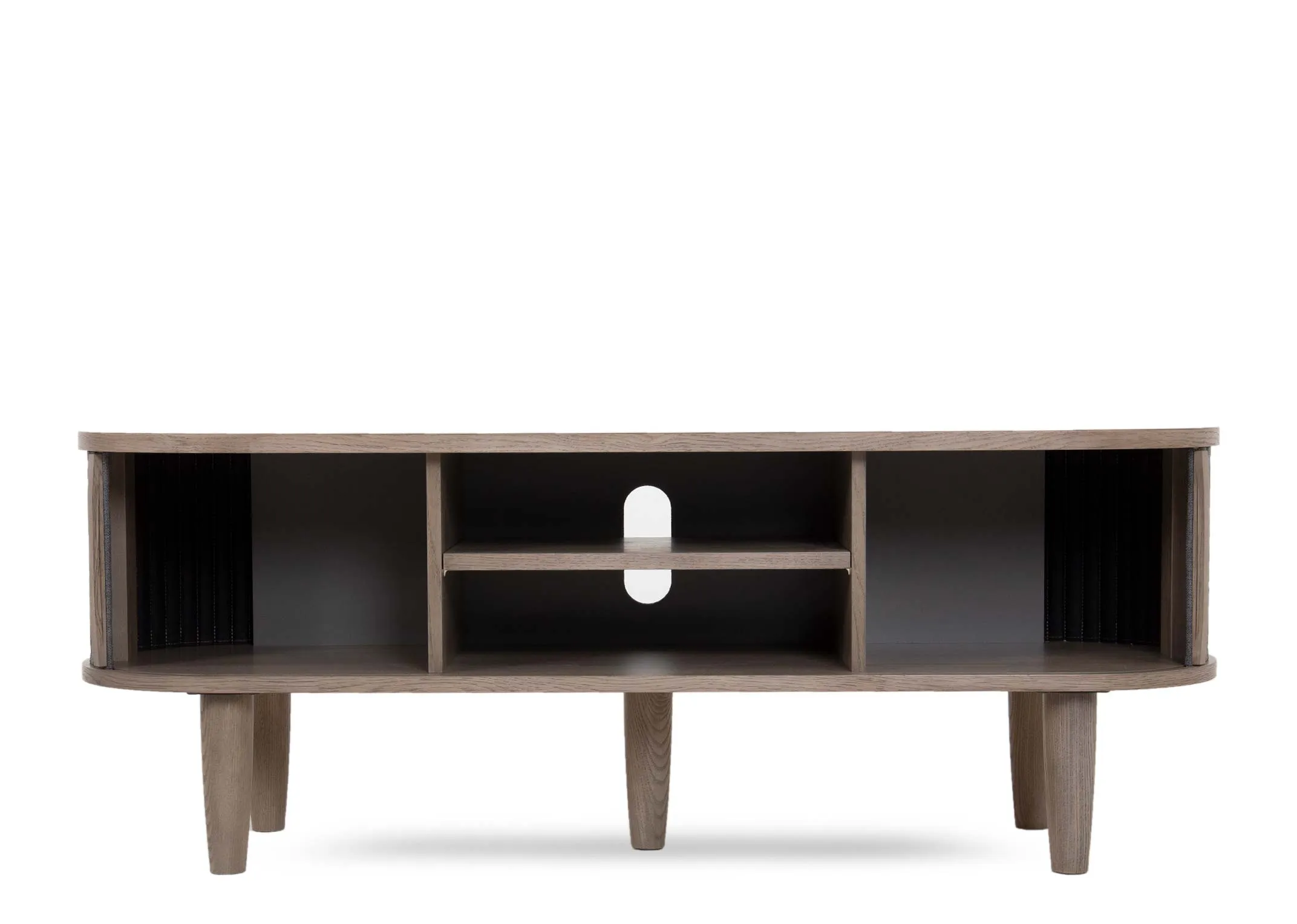 A grey ash 2 door and 2 shelf tv unit from EZ Living Furniture's Monroe range. Front view of the tv unit with doors open