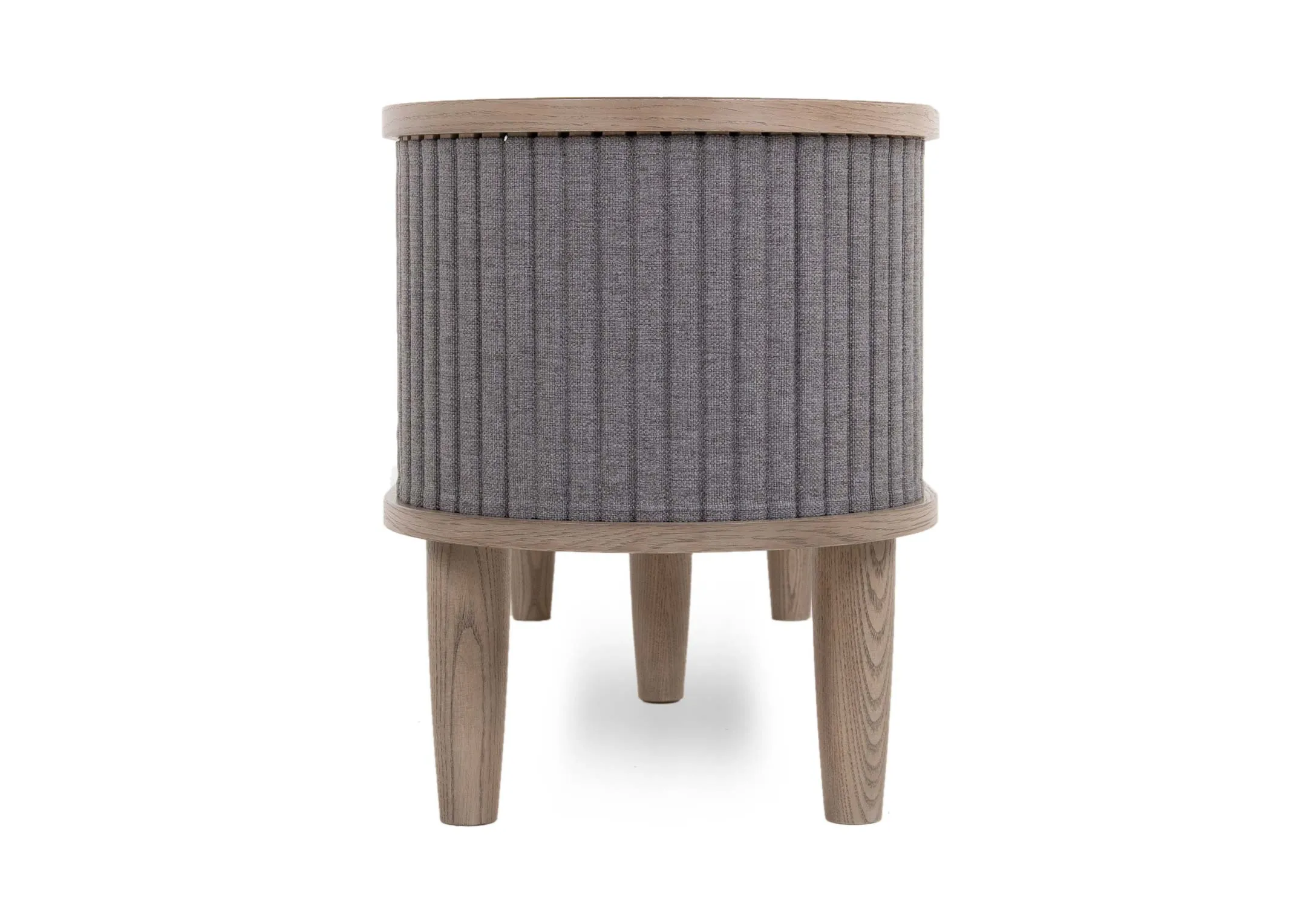 A grey ash 2 door and 2 shelf tv unit from EZ Living Furniture's Monroe range. Side view of fabric tambour