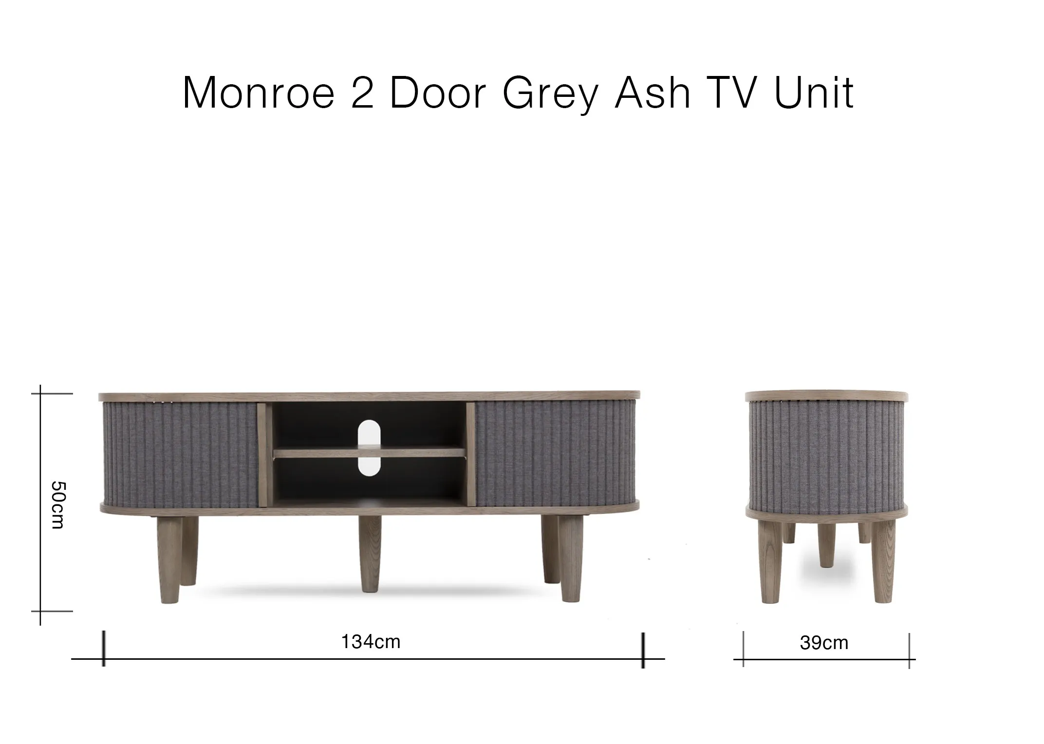 A dimension image of the Monroe TV Unit with 134cm (Width) x 50cm (Height) x 39cm(Depth) 