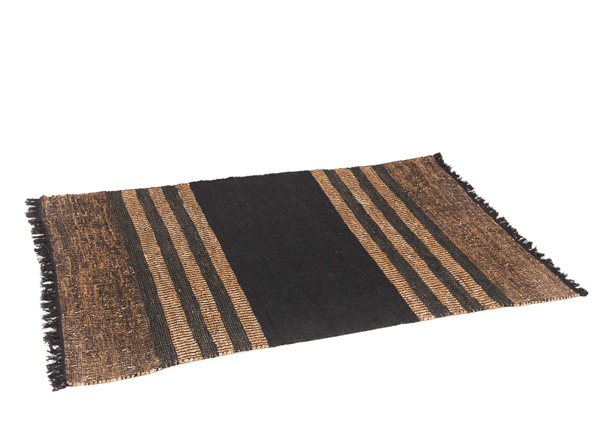 A brown & black stripped woven rug from EZ Livings Vagium range. Angled view of pattern details.