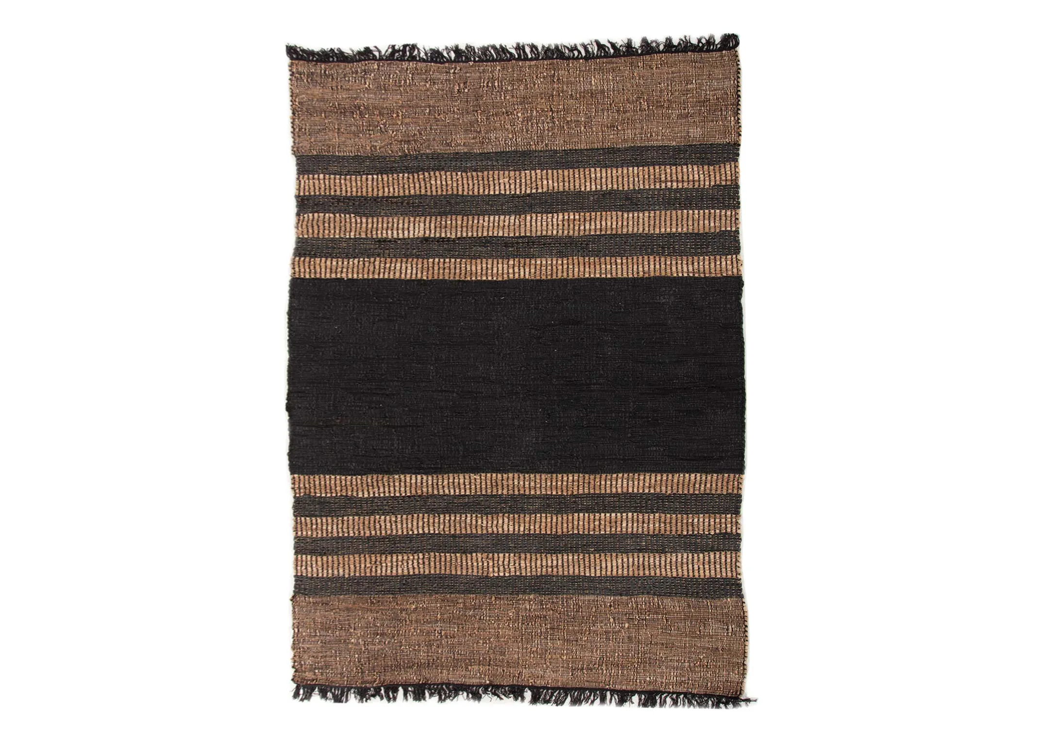 A brown & black stripped Large woven rug from EZ Livings Vagium range. Front view of fringed edges and closeup of woven pattern