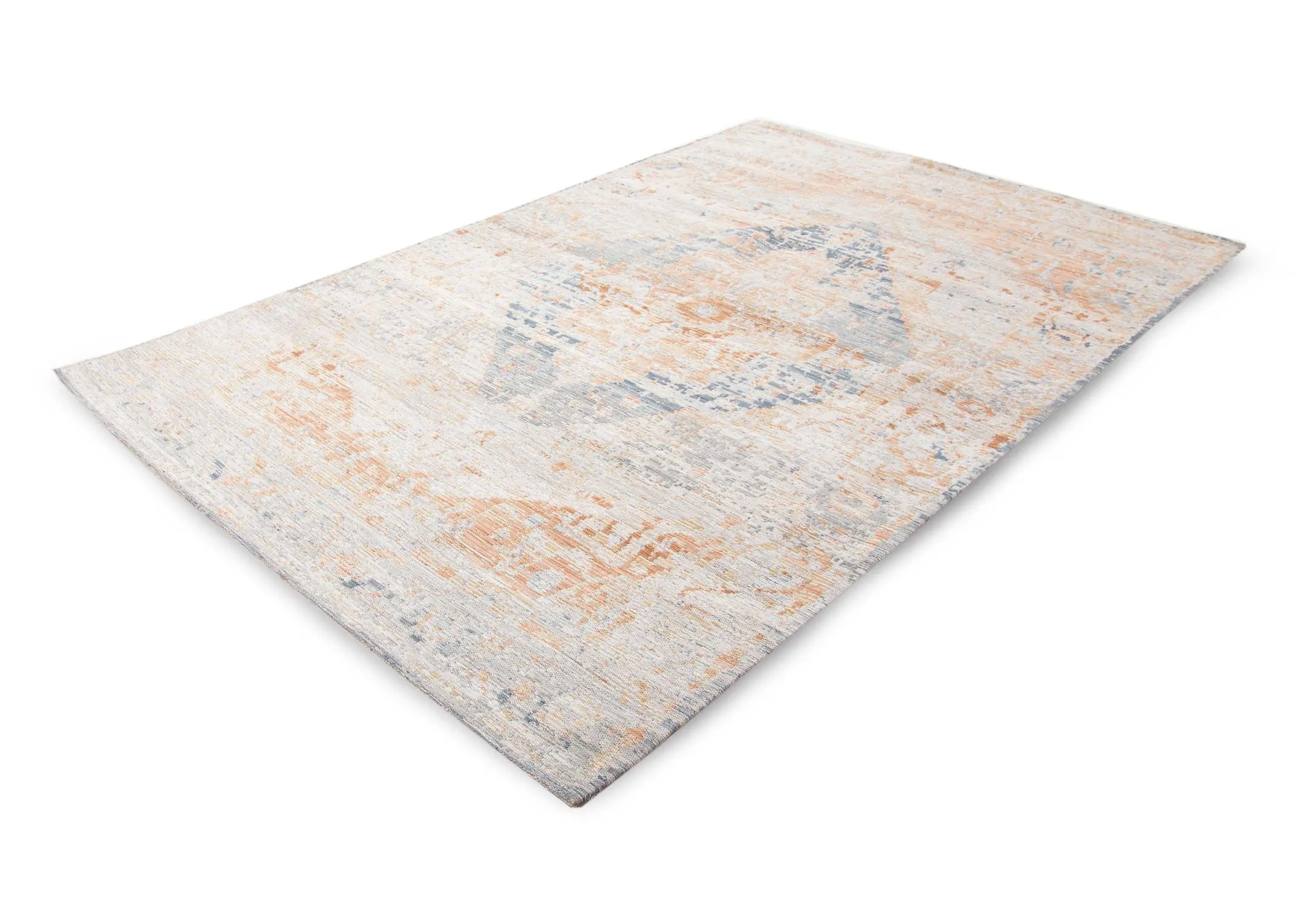 A peach & blue persian print on an ivory rug from EZ Living Furniture's Maxima range. Front view of vertical distressed print