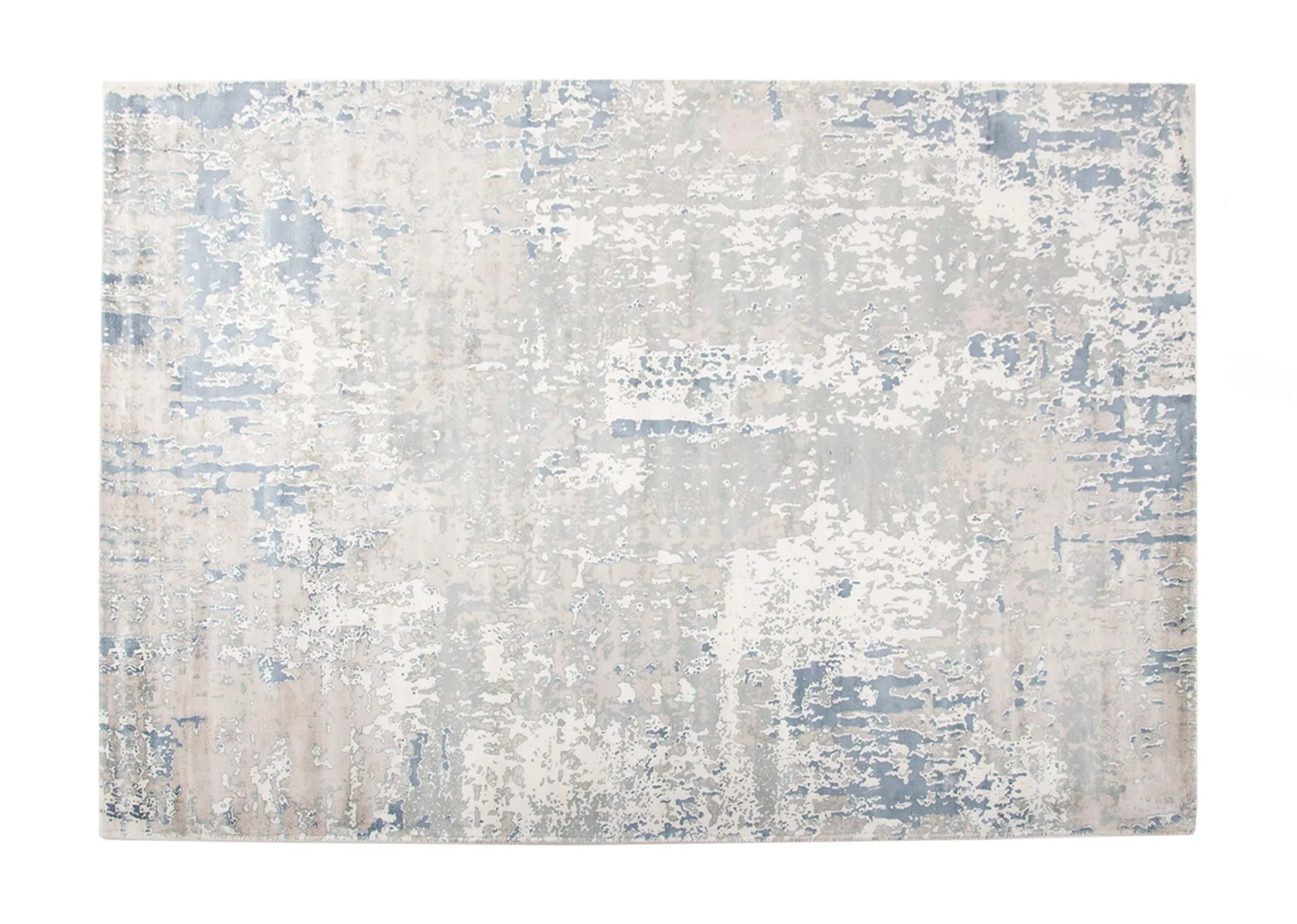 A large blue & silver distressed rug from EZ Livings Moderno range.Front view of the distressed rug with closeup of pattern