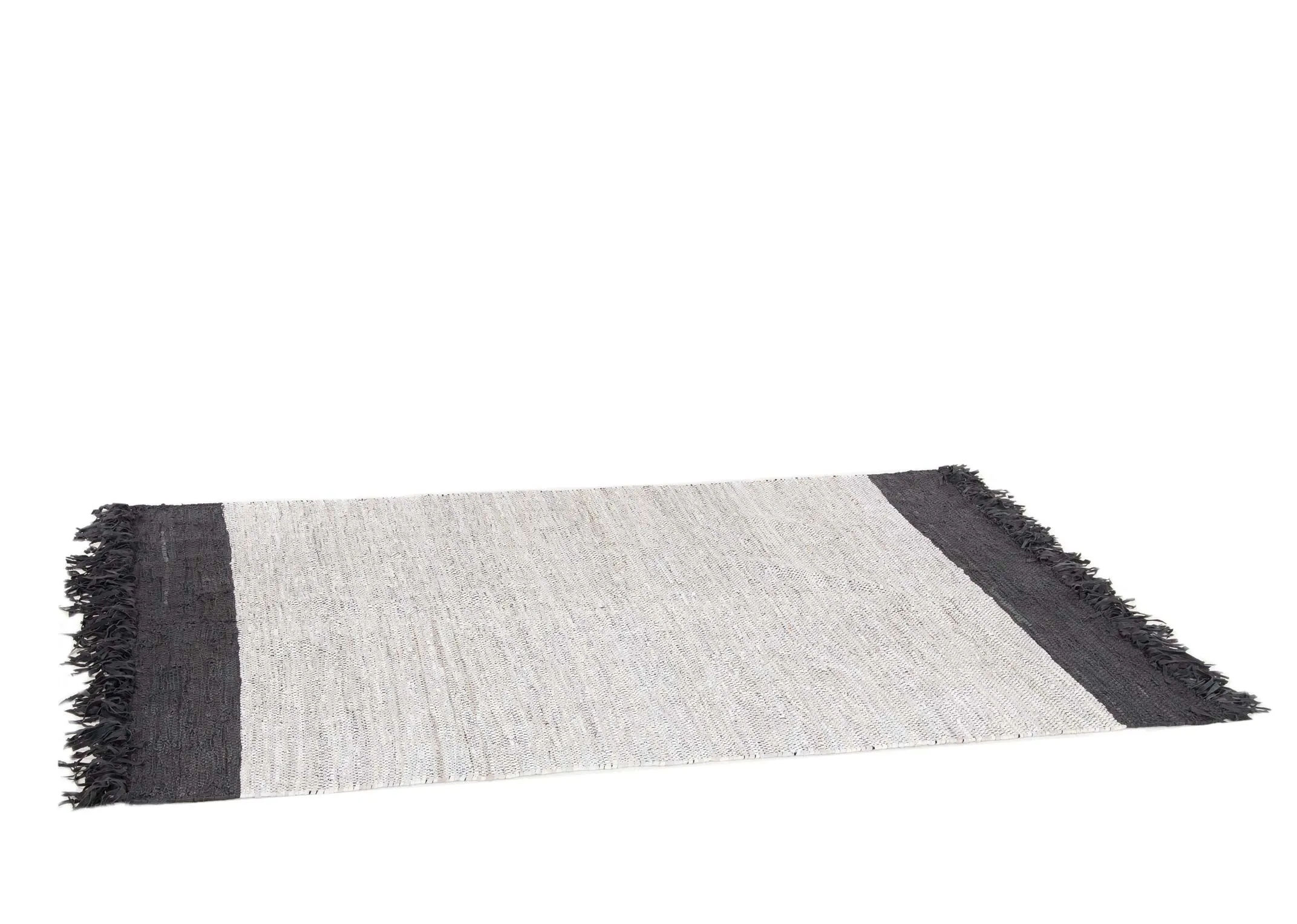 A light grey medium woven rug with black trim & fringe from EZ Livings Vagium range. 