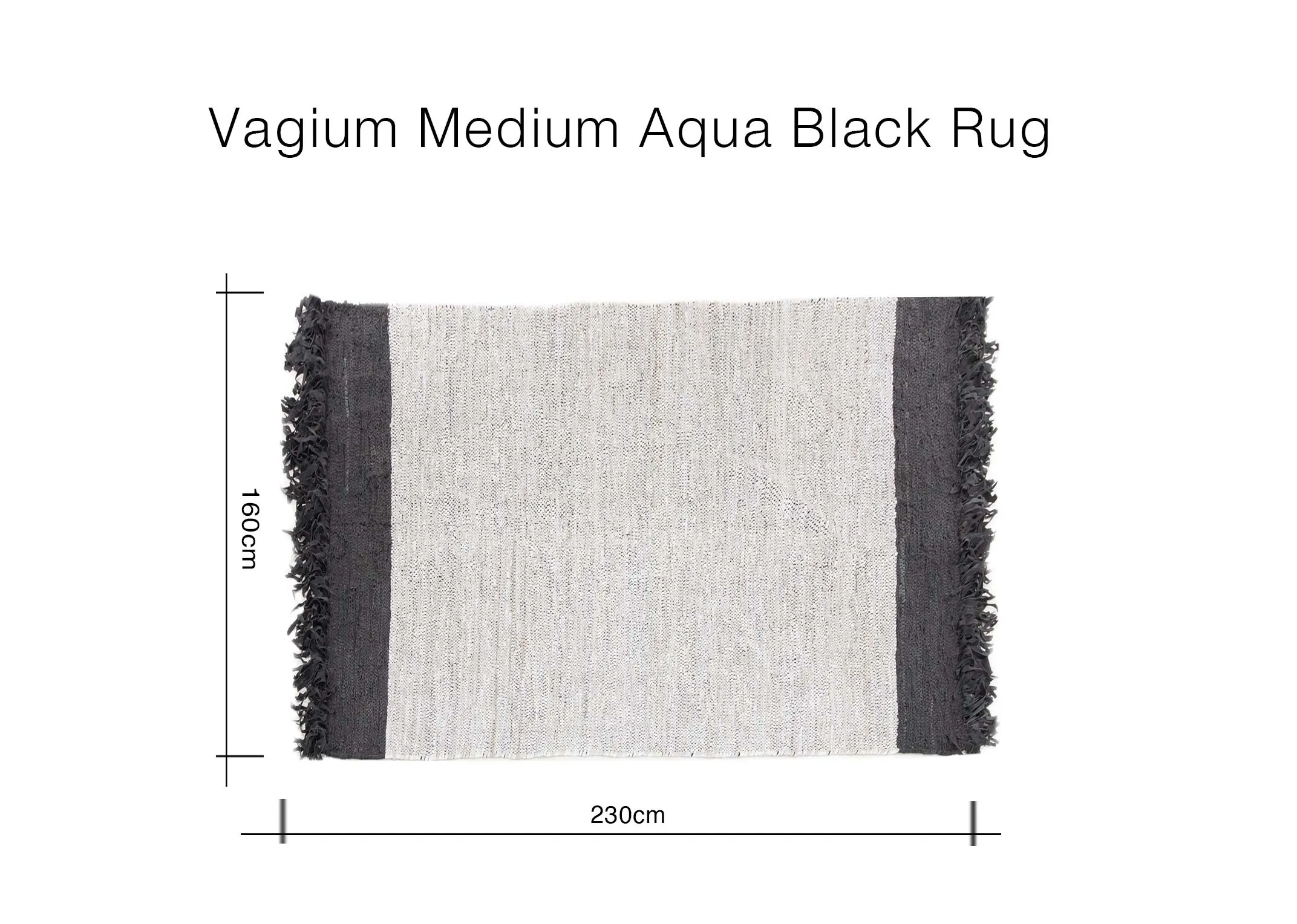 A dimension image of the Vagium Aqua rug with 230cm x 160cm