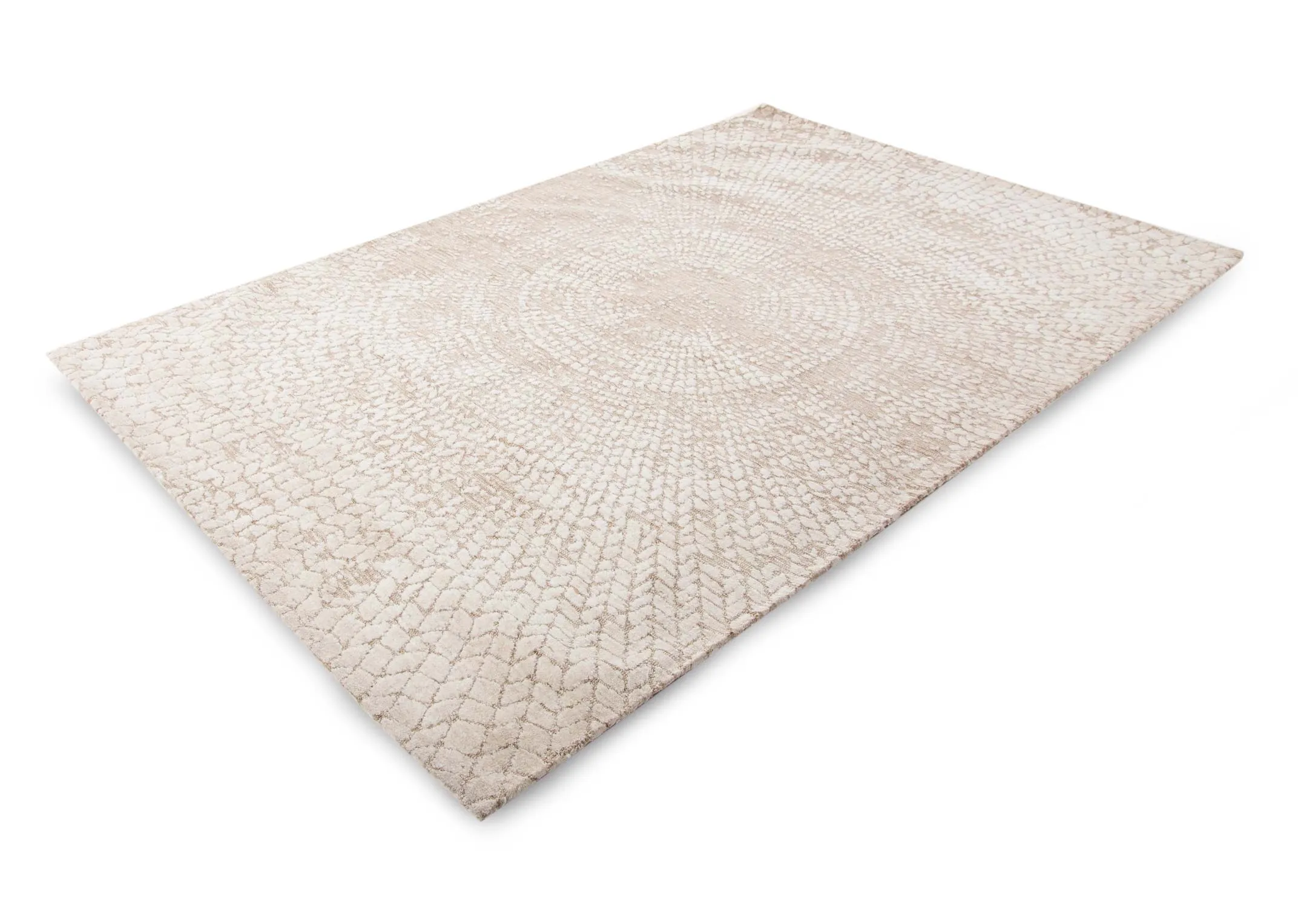 A large ivory & taupe textured rug from EZ Living Furniture's Milton range. Angled view of rug