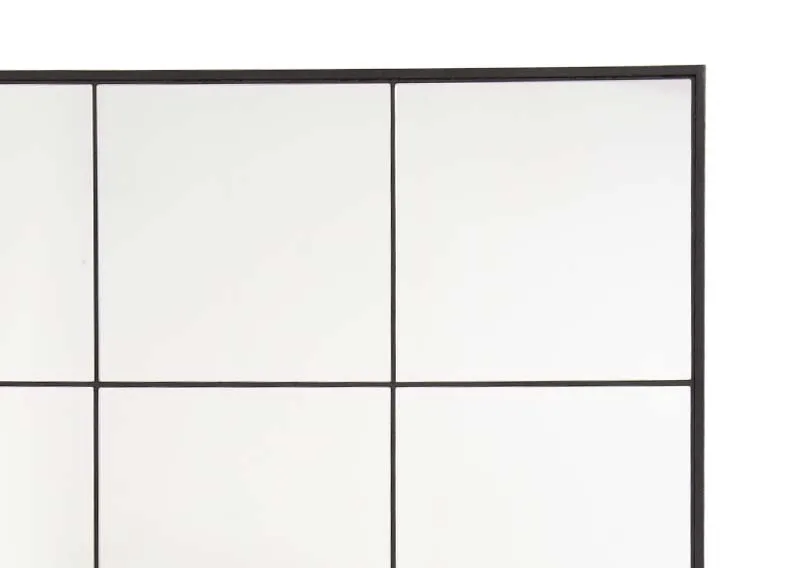 A square silver window pane mirror with black frame from EZ Living's Farley range. Closeup of black frame