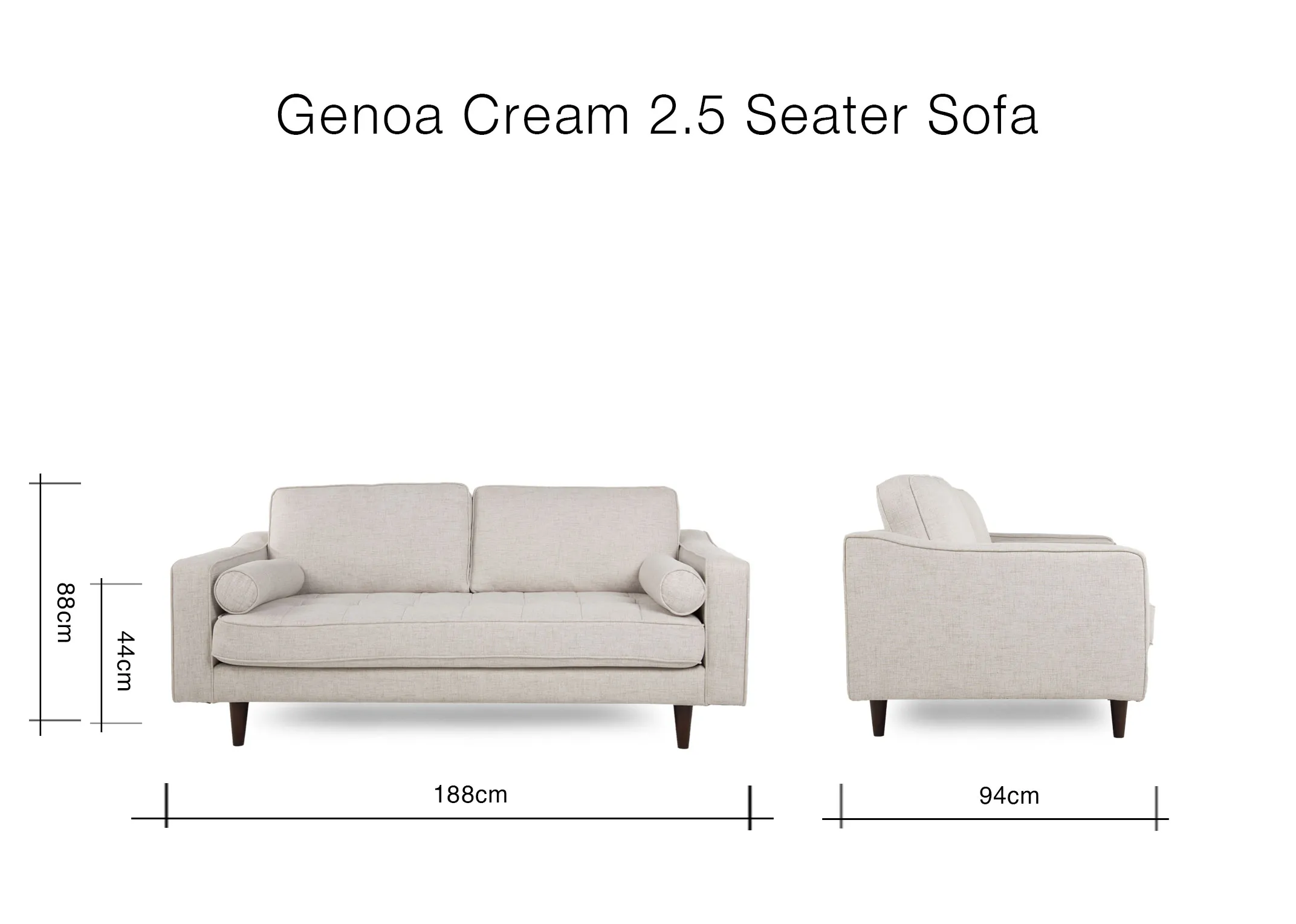 A dimension image of the Genoa 2.5 Seater Sofa with 188cm (Width) x 94cm (Depth) x 88cm (Height)
