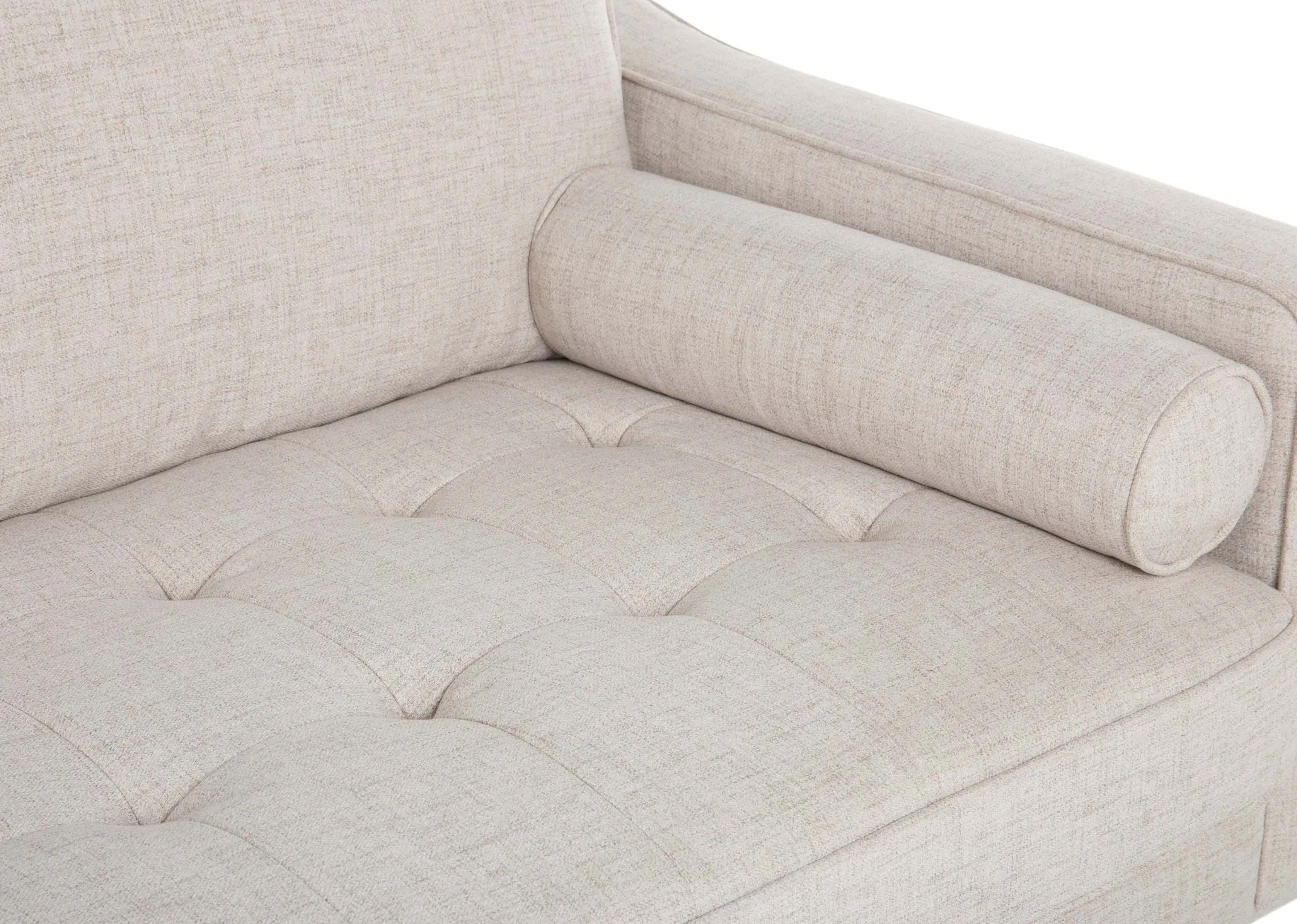 A cream fabric 2.5 Seater sofa from EZ Living Furniture's Genoa range. Closeup of bolster cushion and tufted seat