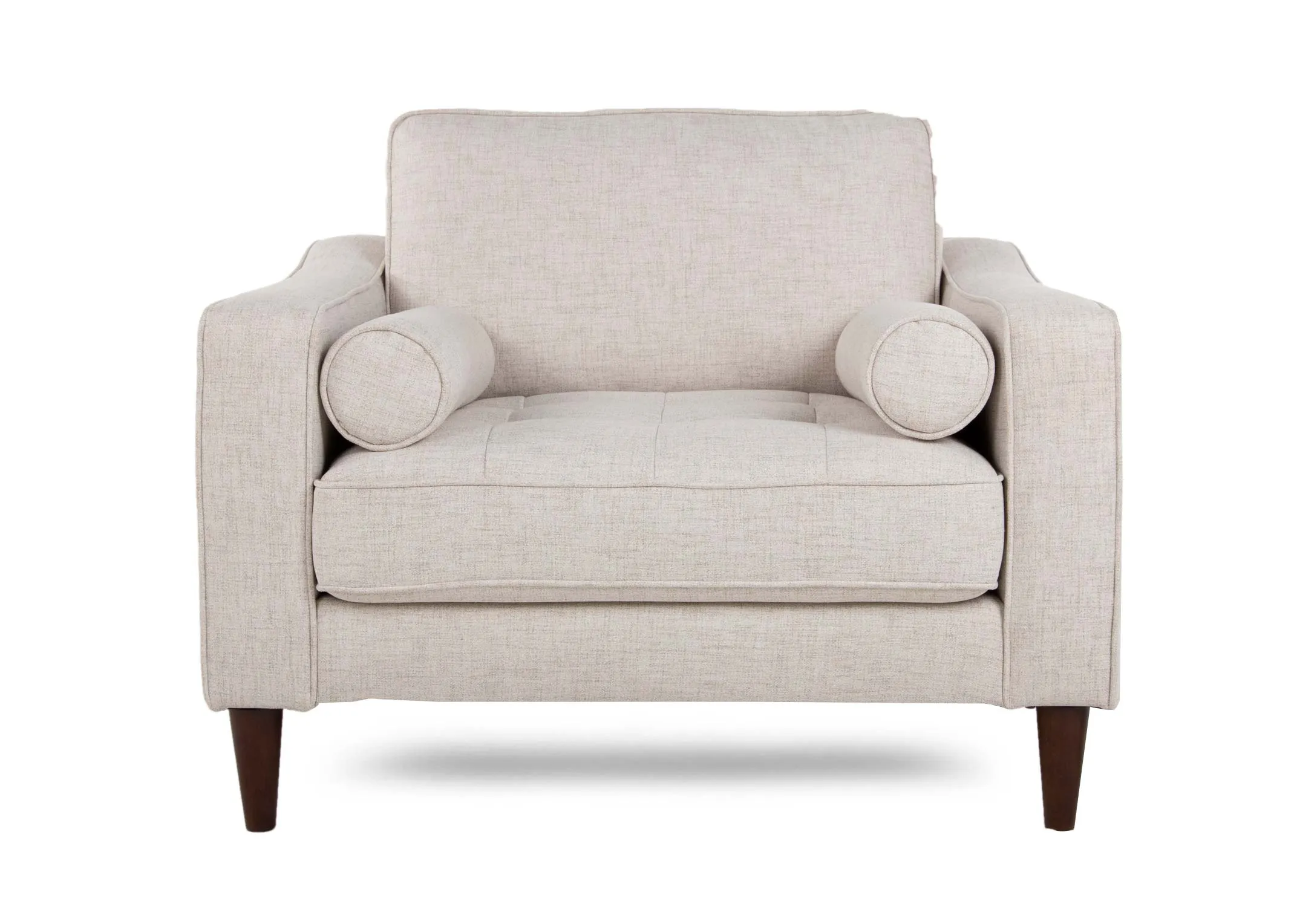A cream fabric armchair with dark legs from EZ Living Furniture's Genoa range. Front view