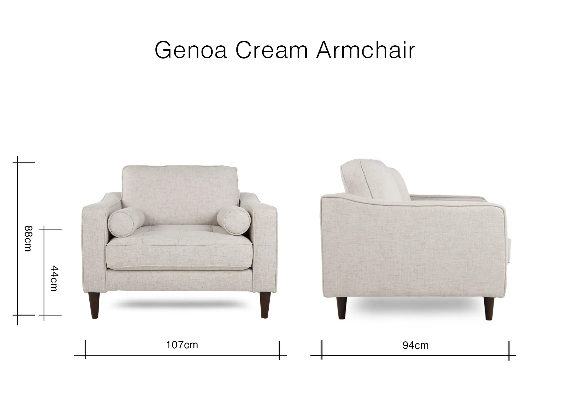 A dimension image of the Genoa Cream Armchair with 107cm x 94cm x 88cm