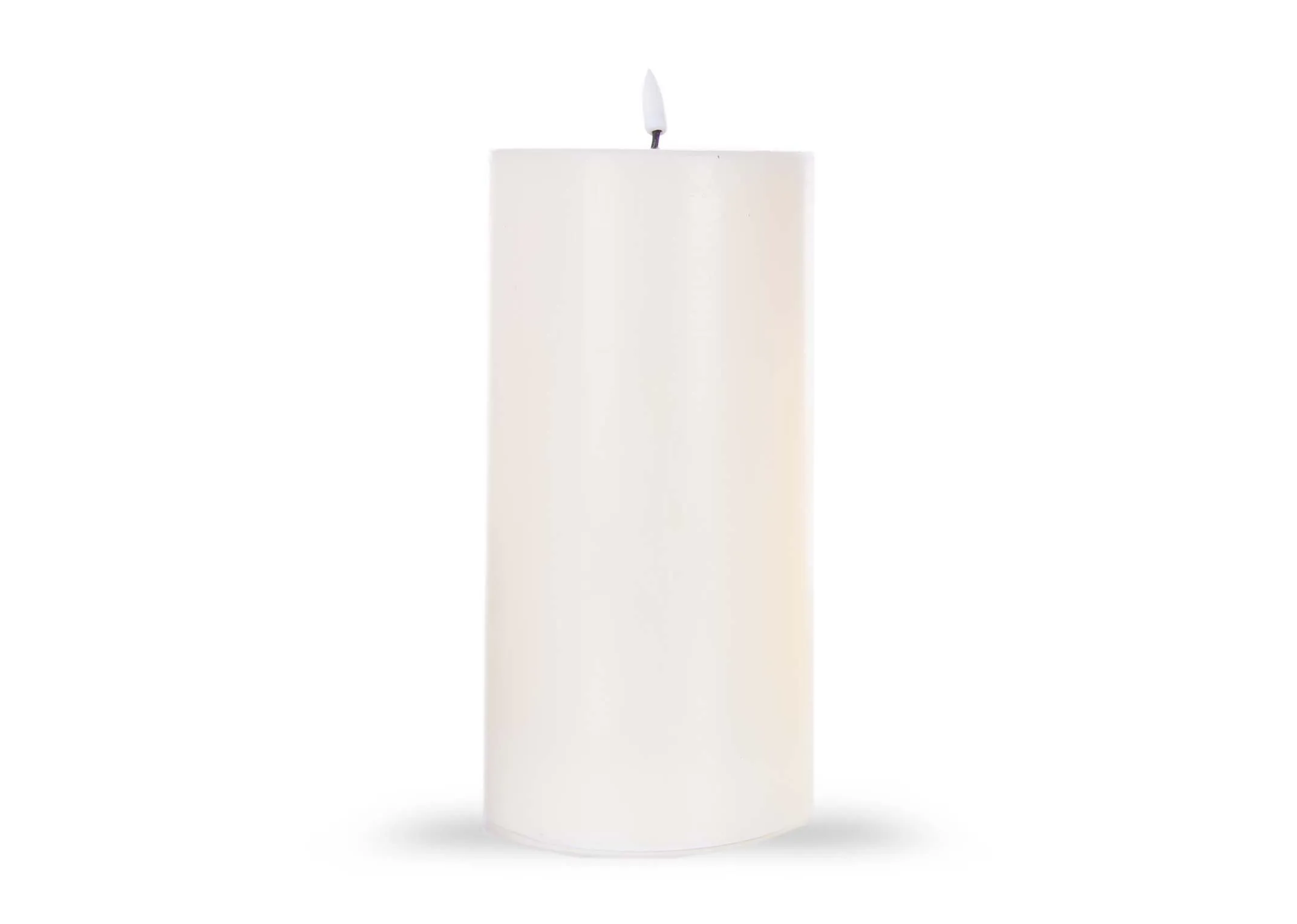 A large led cream candle with lifelike flame from EZ Living Furniture's Deluxe Homeart range. Front view of candle unlit.
