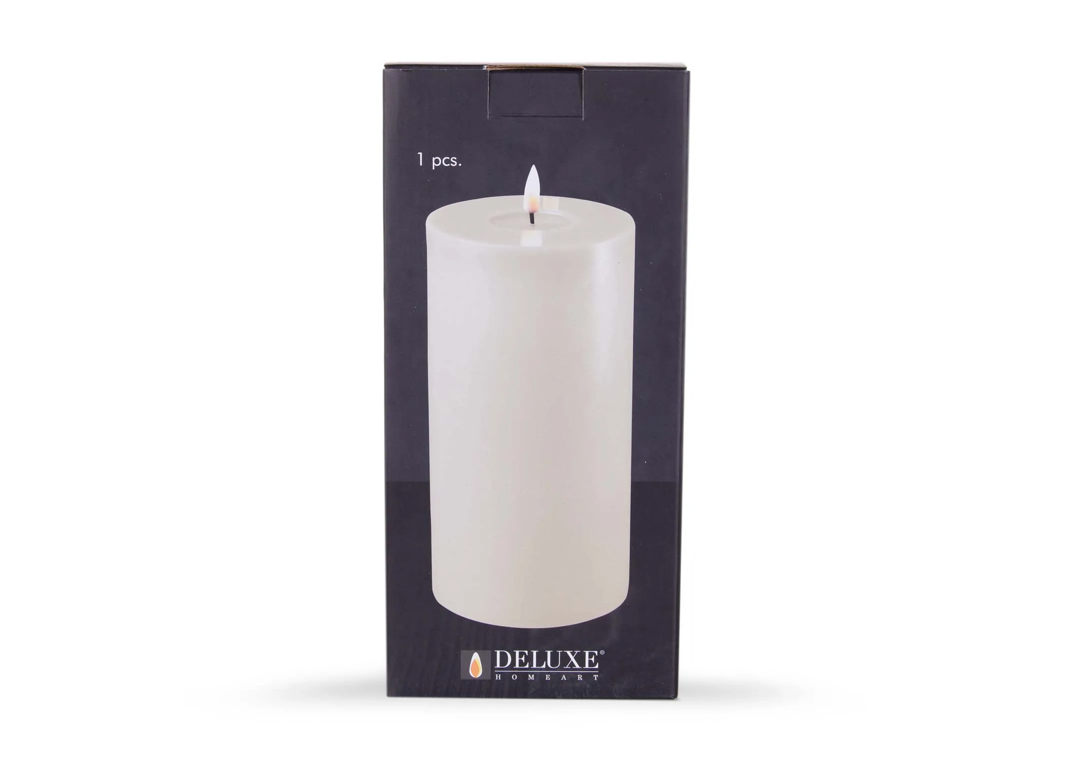 A large led cream candle with lifelike flame from EZ Living Furniture's Deluxe Homeart range. Front view of box