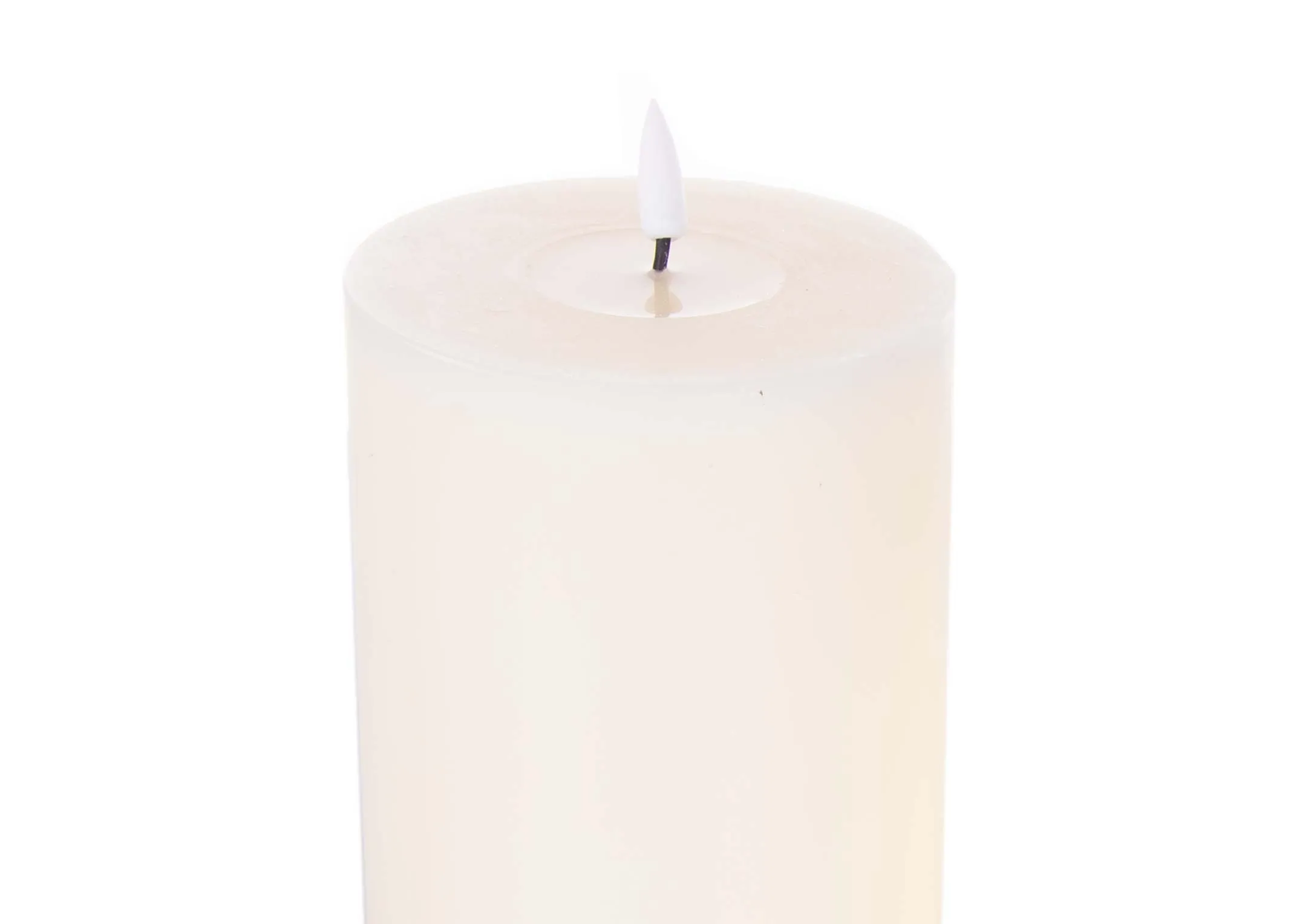 A large led cream candle with lifelike flame from EZ Living Furniture's Deluxe Homeart range. Closeup view of flameless wick