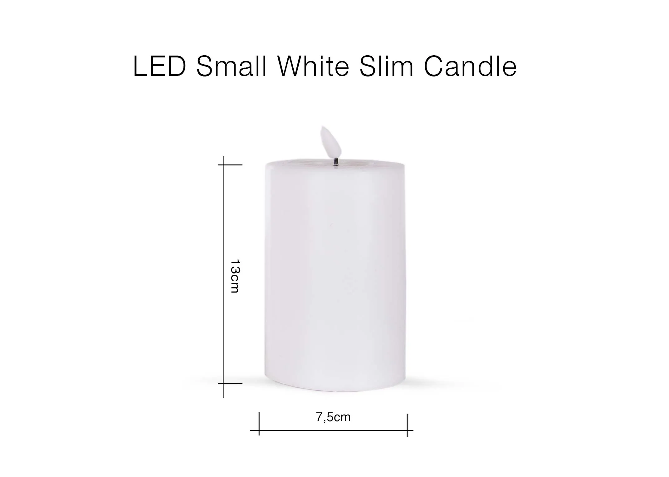 A dimension image of the LED Small white candle with 7.5cm x 12.5cm