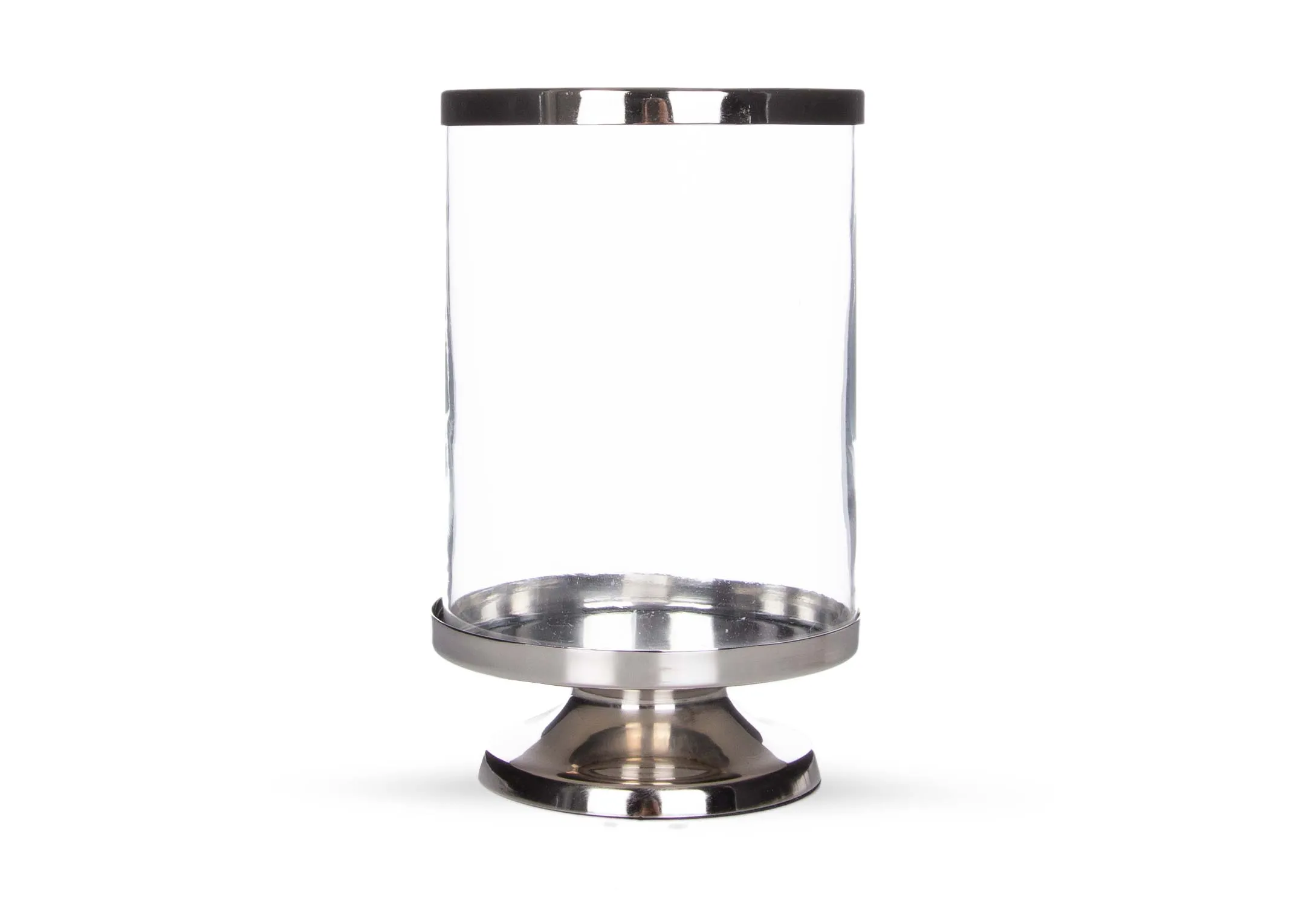 A medium glass pillar candleholder with silver base from EZ Living Furniture's Rhinestone range. Front view of candleholder