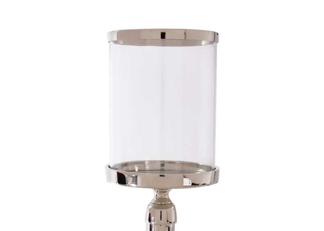 A medium glass pillar candle holder on silver stand from EZ Living's Rhinestone range.Front view of candleholder