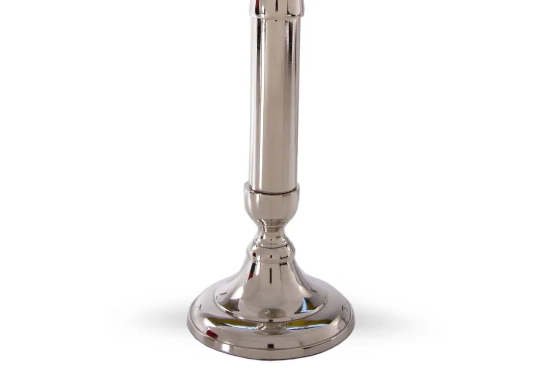 A medium glass pillar candle holder on silver stand from EZ Living's Rhinestone range.Closeup of stand