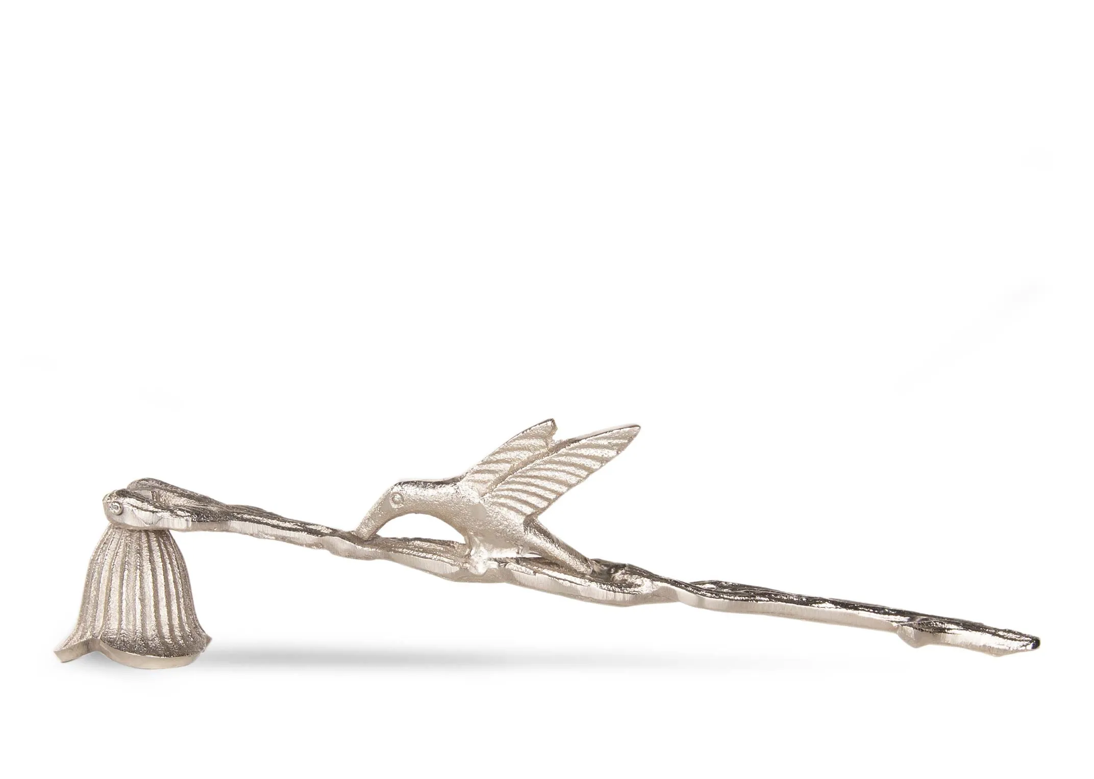 A silver nickle candle snuffer from EZ Living Furniture's Christmas range. Front view of bird & bell snuffer
