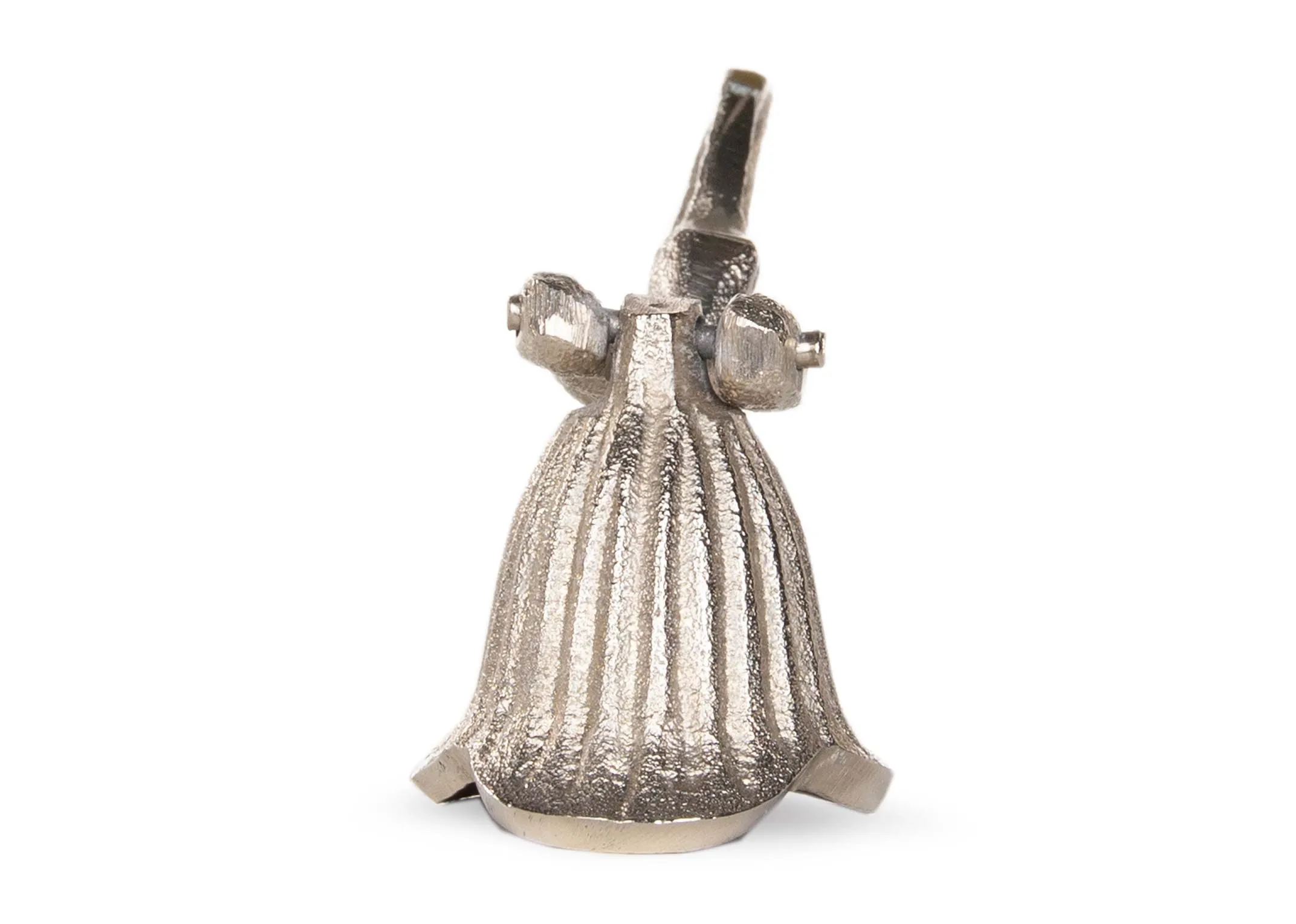 A silver nickle candle snuffer from EZ Living Furniture's Christmas range. Side view of bell