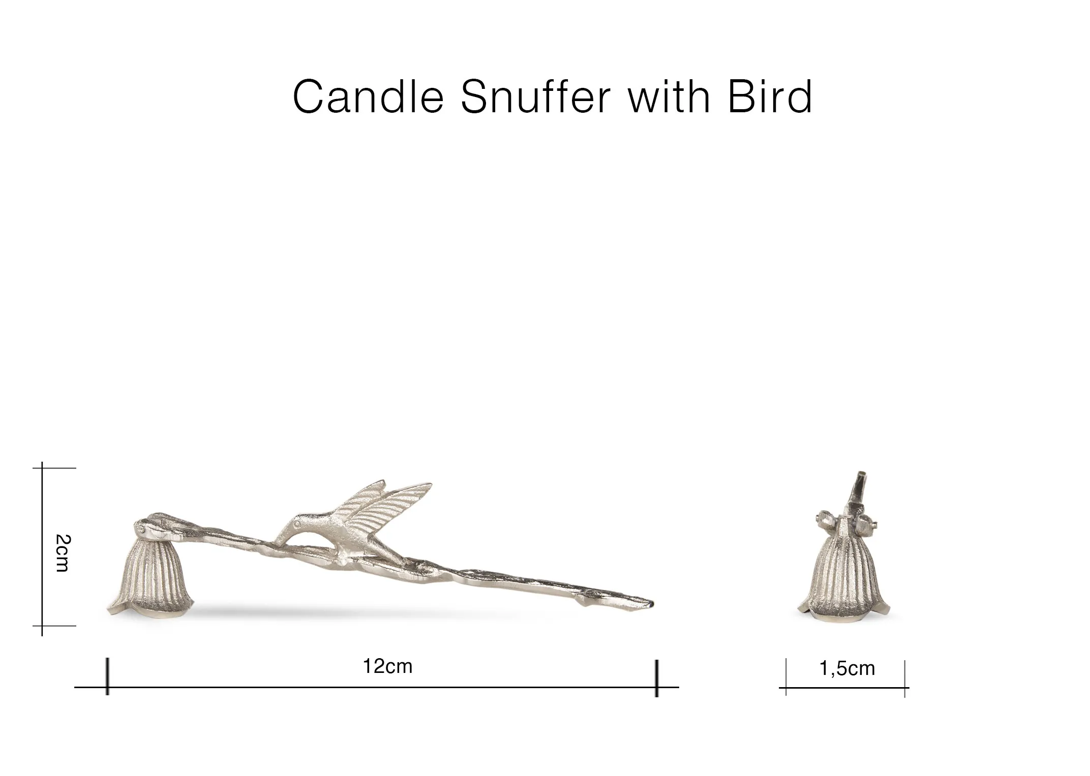 A dimension image of the Candle Snuffer with Bird with 12cm (Width) x 1.5cm (Side) x 2cm(Height)