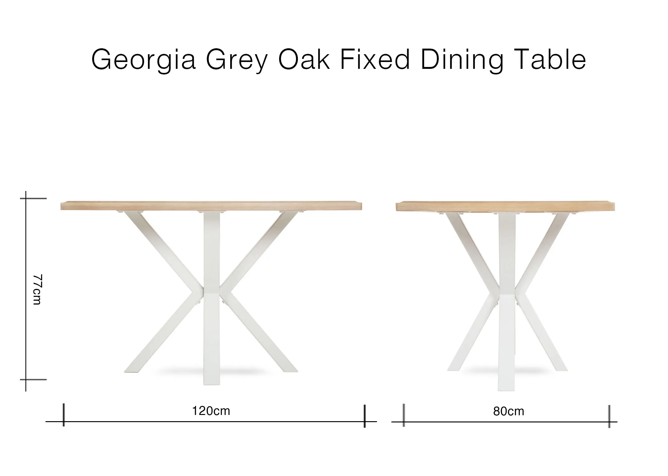 A grey dining table with oak top from EZ Living Furnitures Georgia range. Side view of x frame base