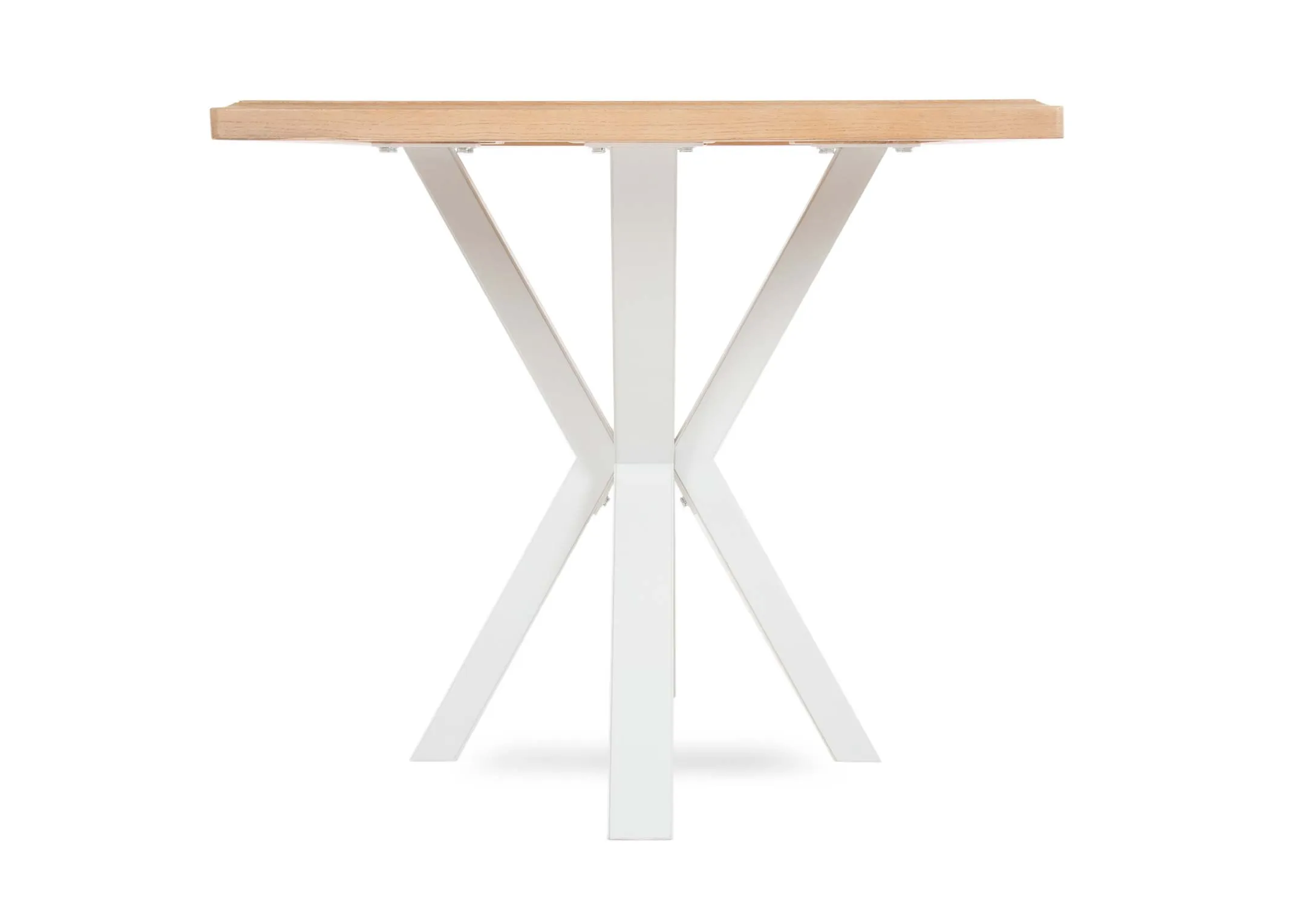 A grey dining table with oak top from EZ Living Furnitures Georgia range. Side view of x frame base