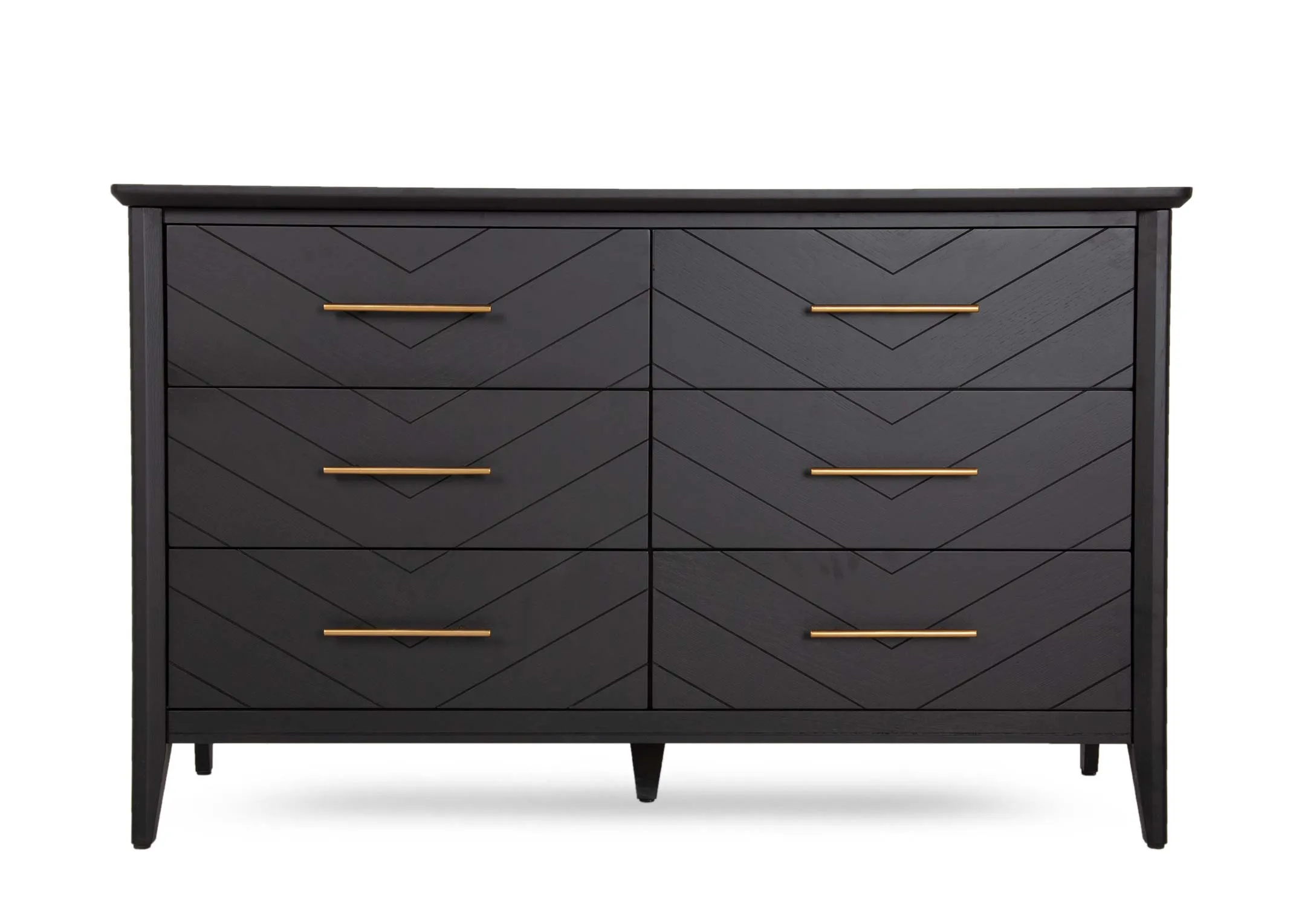 A 6 drawer black oak & pine chest of drawers from EZ Living's Chevron range. Front view of brass handles & chevron design
