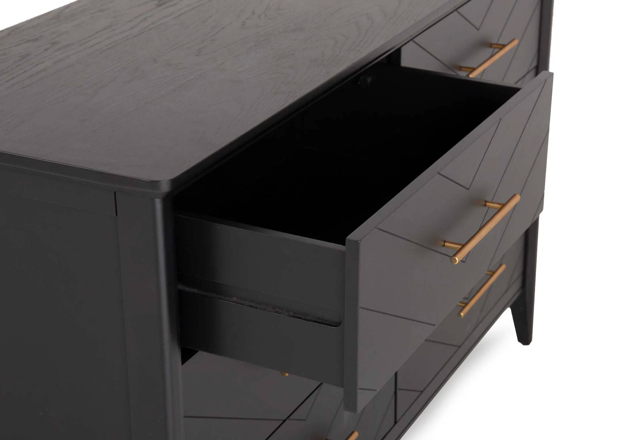A 6 drawer black oak & pine chest of drawers from EZ Living's Chevron range.Angled view of soft slide drawers
