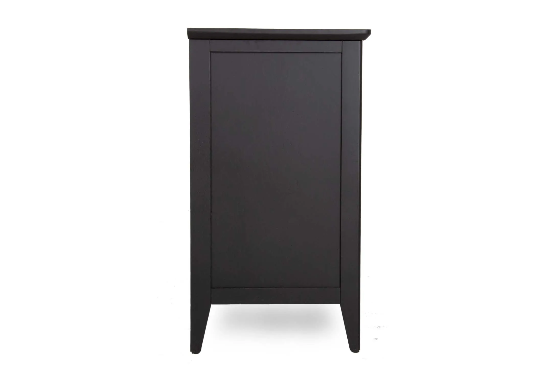 A 6 drawer black oak & pine chest of drawers from EZ Living's Chevron range. Side view of framed design