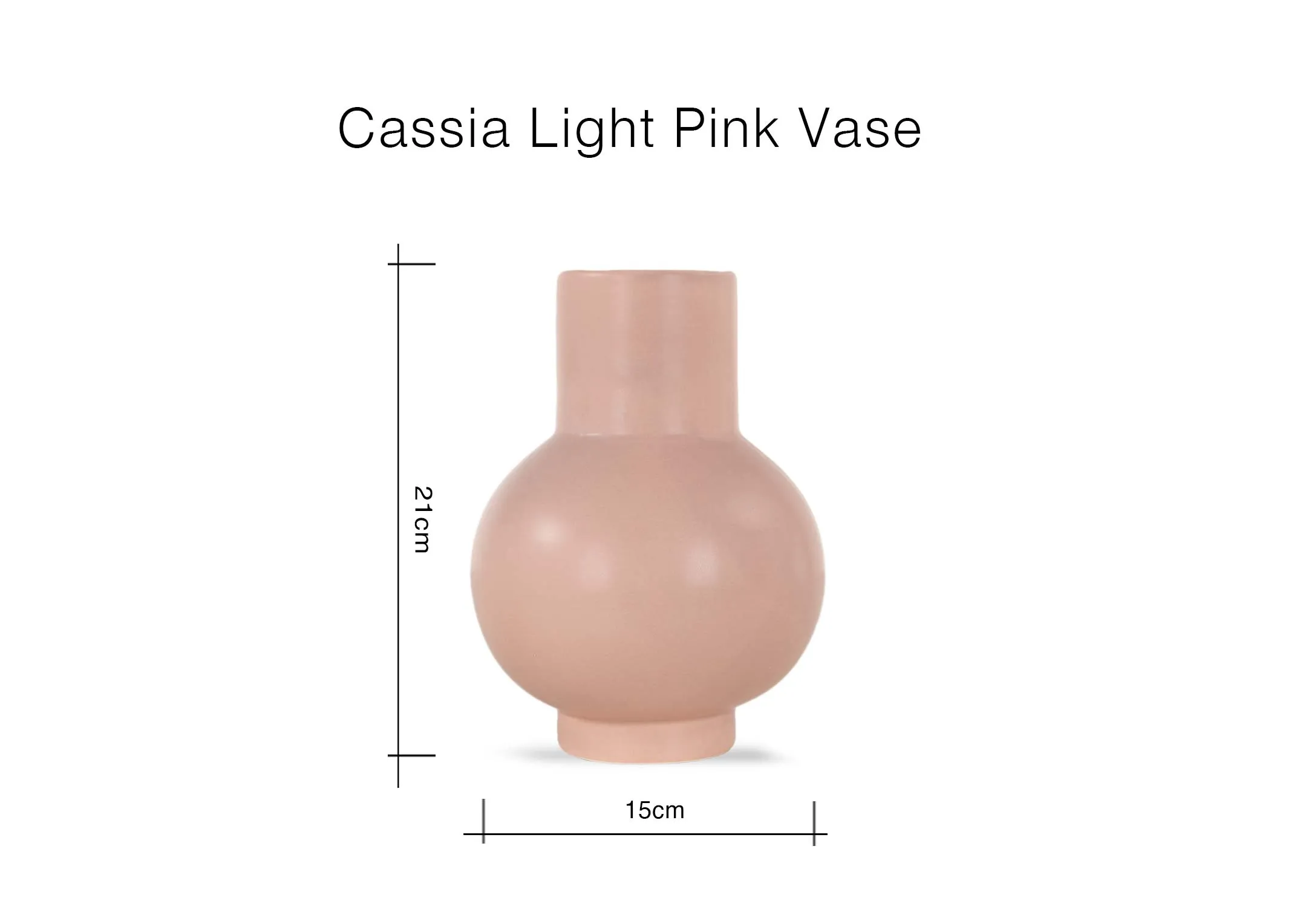 A dimension image of the Cassia Light pink vase with 15cm (Width) x 21cm (Height)
