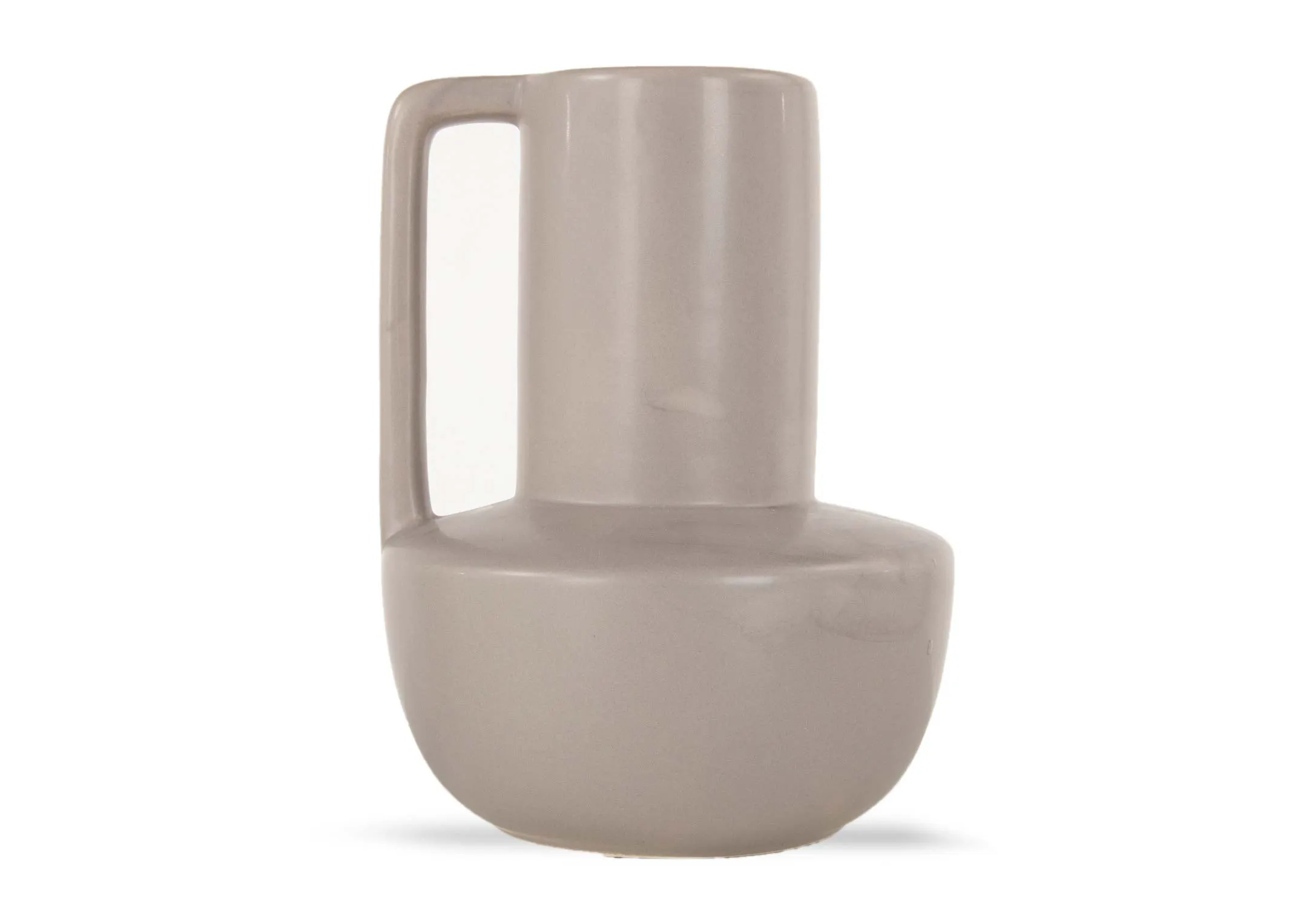 A taupe amphorae vase with handle from EZ Living's Cecelia range.Closeup of wide vase opening