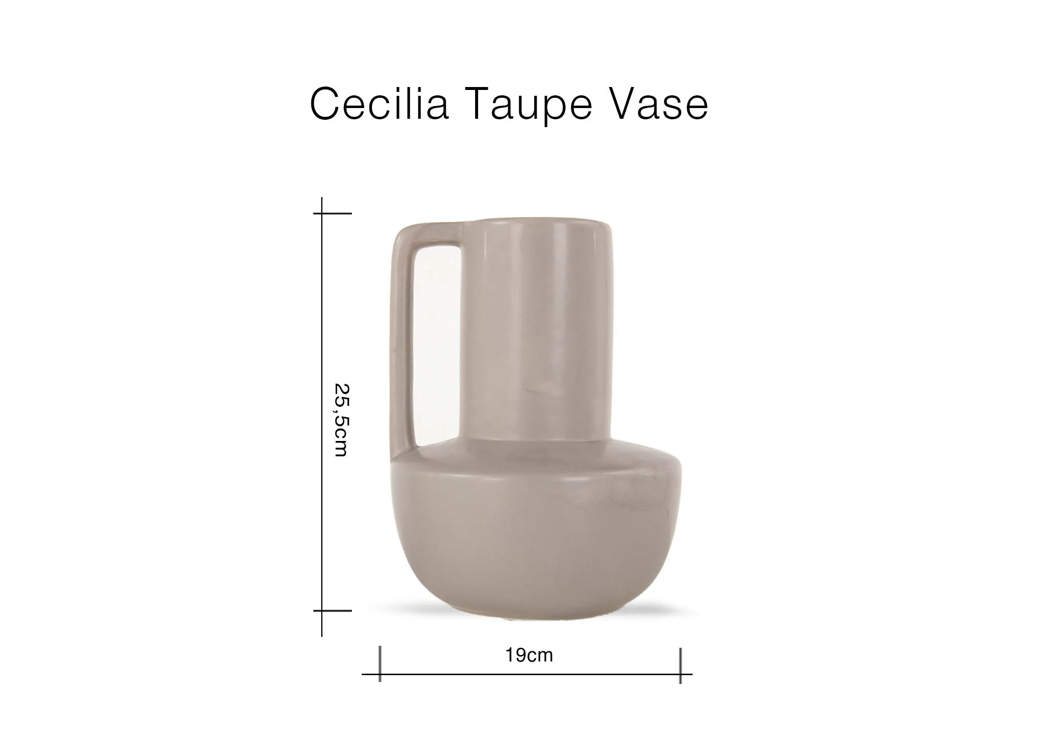 A taupe amphorae vase with handle from EZ Living's Cecelia range. Side view of handle and wide base.