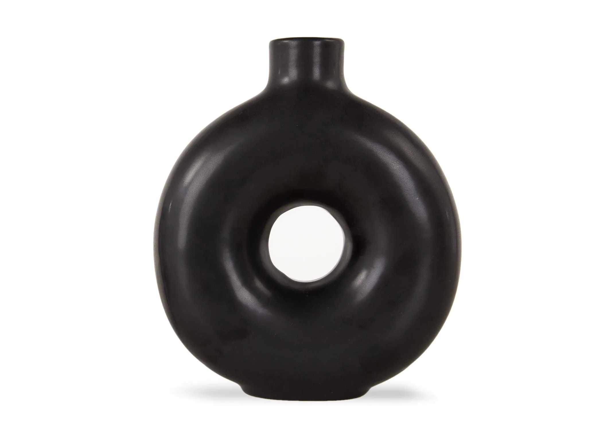 A black round doughnut vase from EZ Living's Vita range. Front view of vase