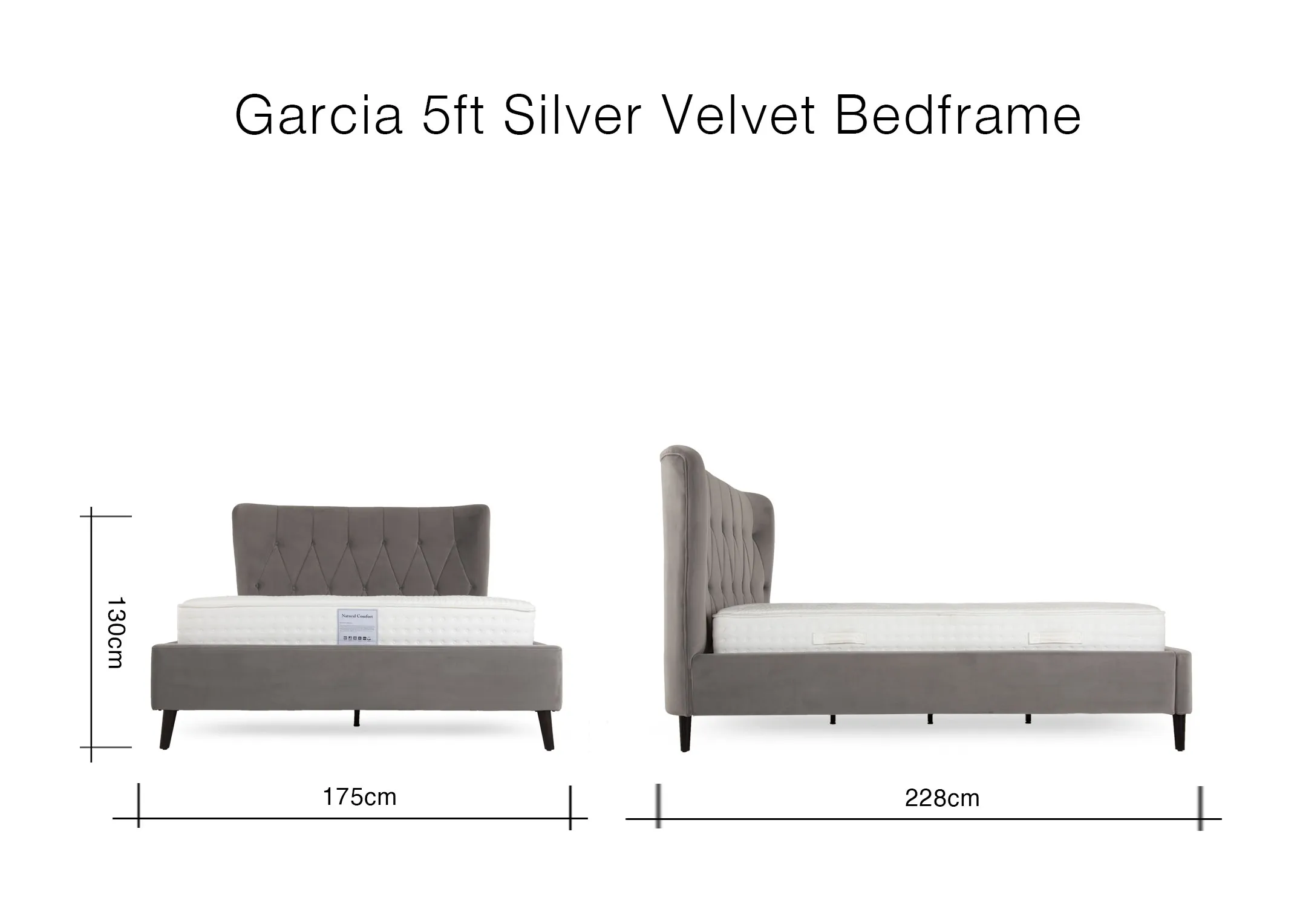 A lifestyle image of the Silver Garcia bed with ottowa chair & ellipse console and infusion print.