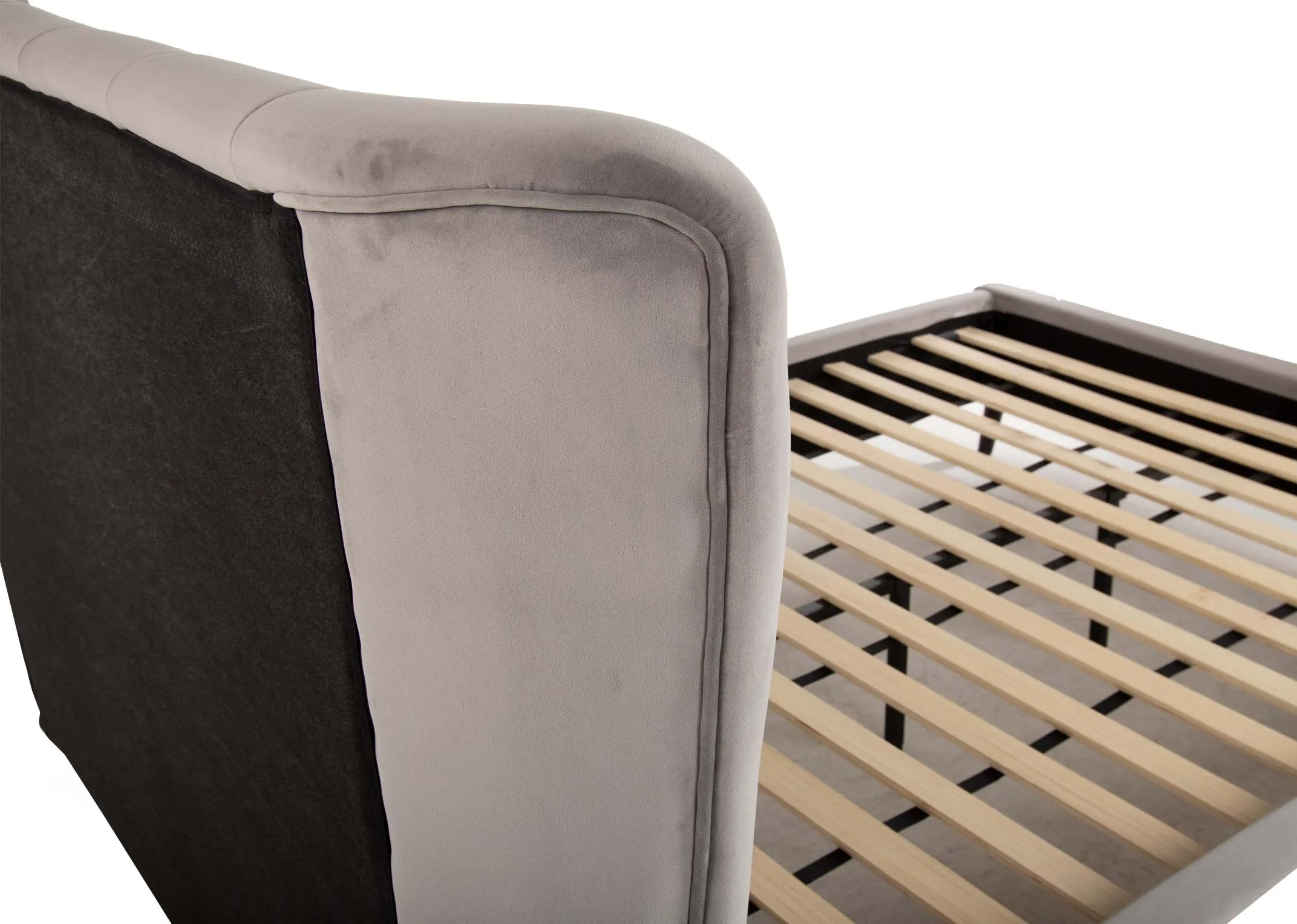 A 5ft silver velvet bedframe with mattress from EZ Living Furniture's Garcia range. Back view of head & wood slats