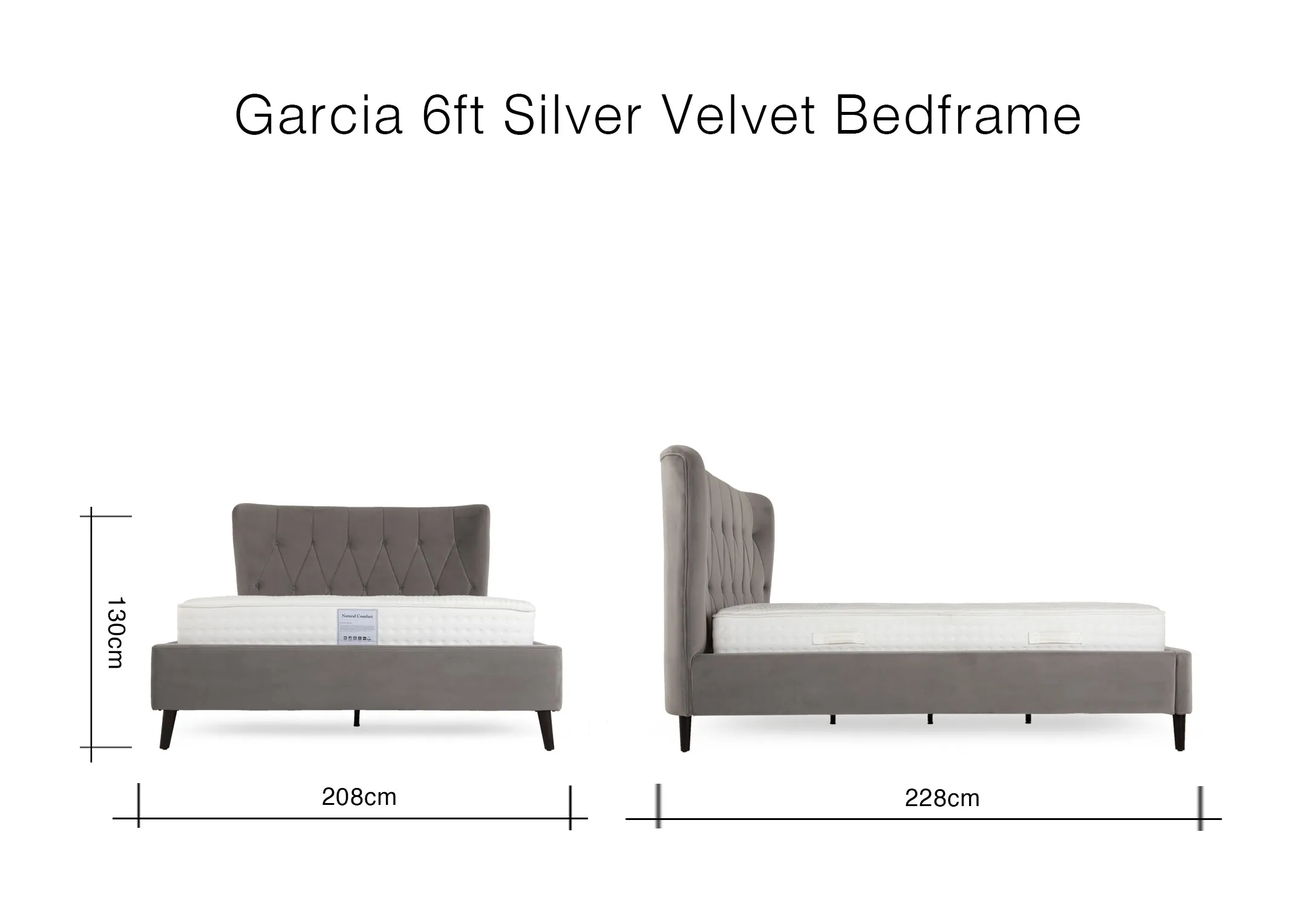 A dimension of the Garcia 6ft Bedframe with 208cm (Width) x 228cm (Length) x 130cm (Height)
