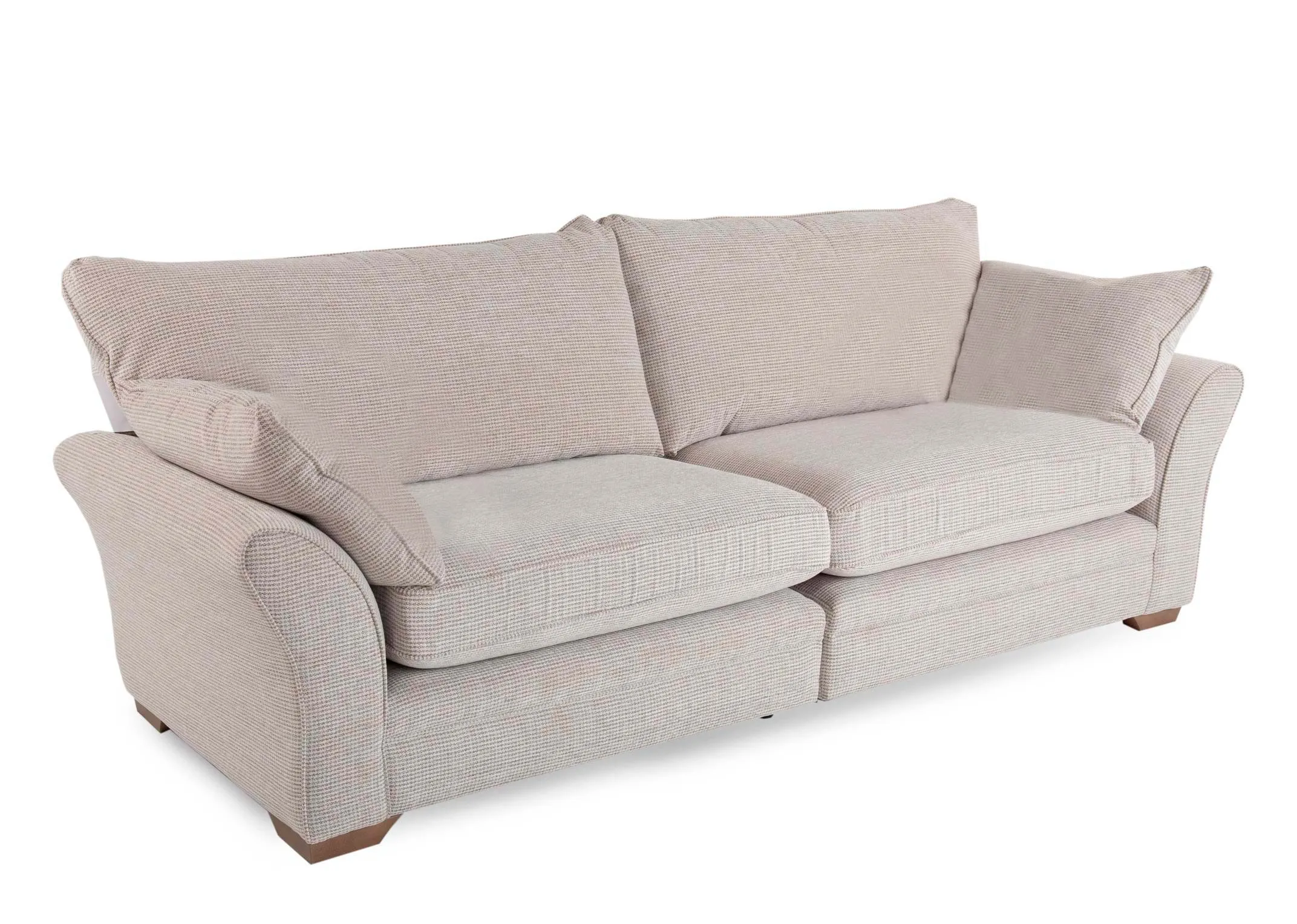 A 3 seater beige accent fabric sofa from EZ Living Furnitures Strata range.Back view of warrantied frame.