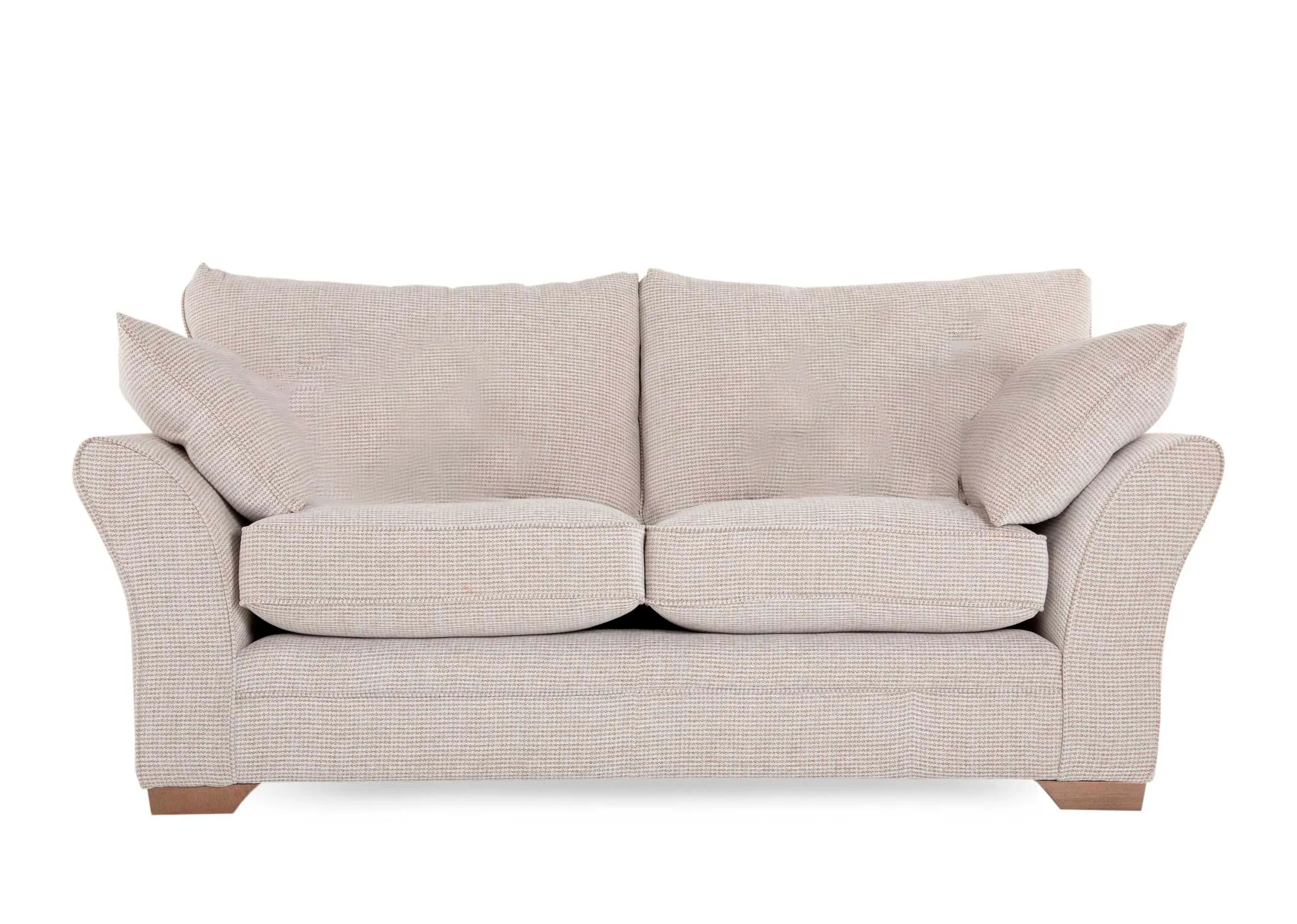 A 2 seater beige accent fabric sofa from EZ Living Furnitures Strata range. Front view of 2 side cushions