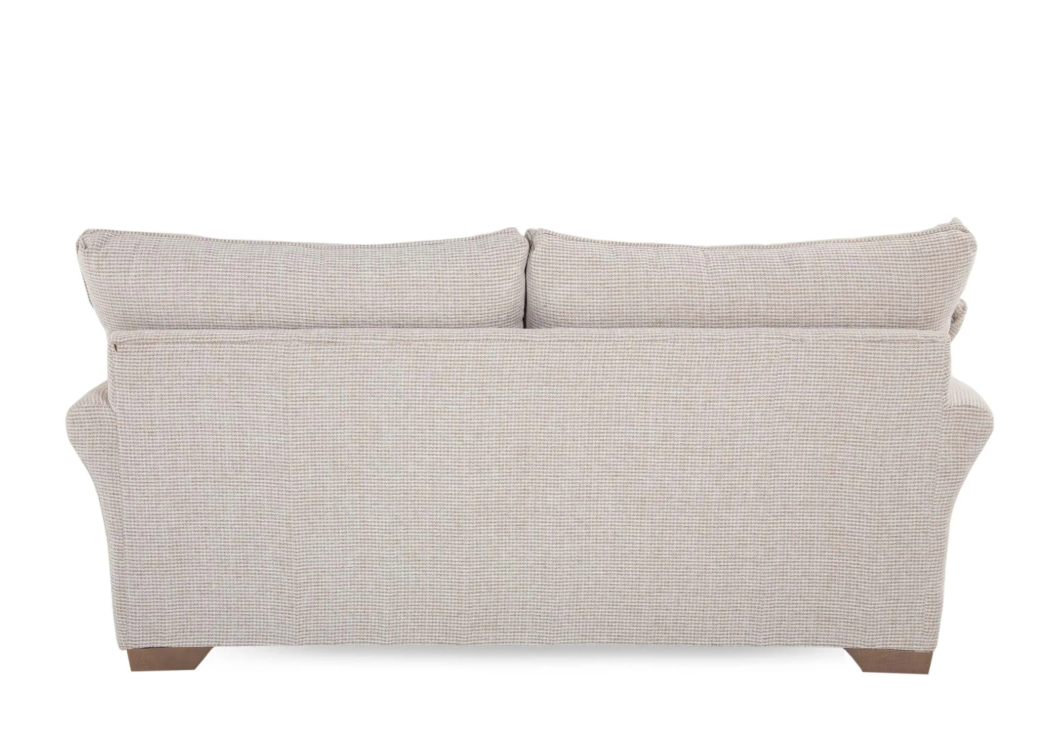 A 2 seater beige accent fabric sofa from EZ Living Furnitures Strata range. Back of high cushions over sofa