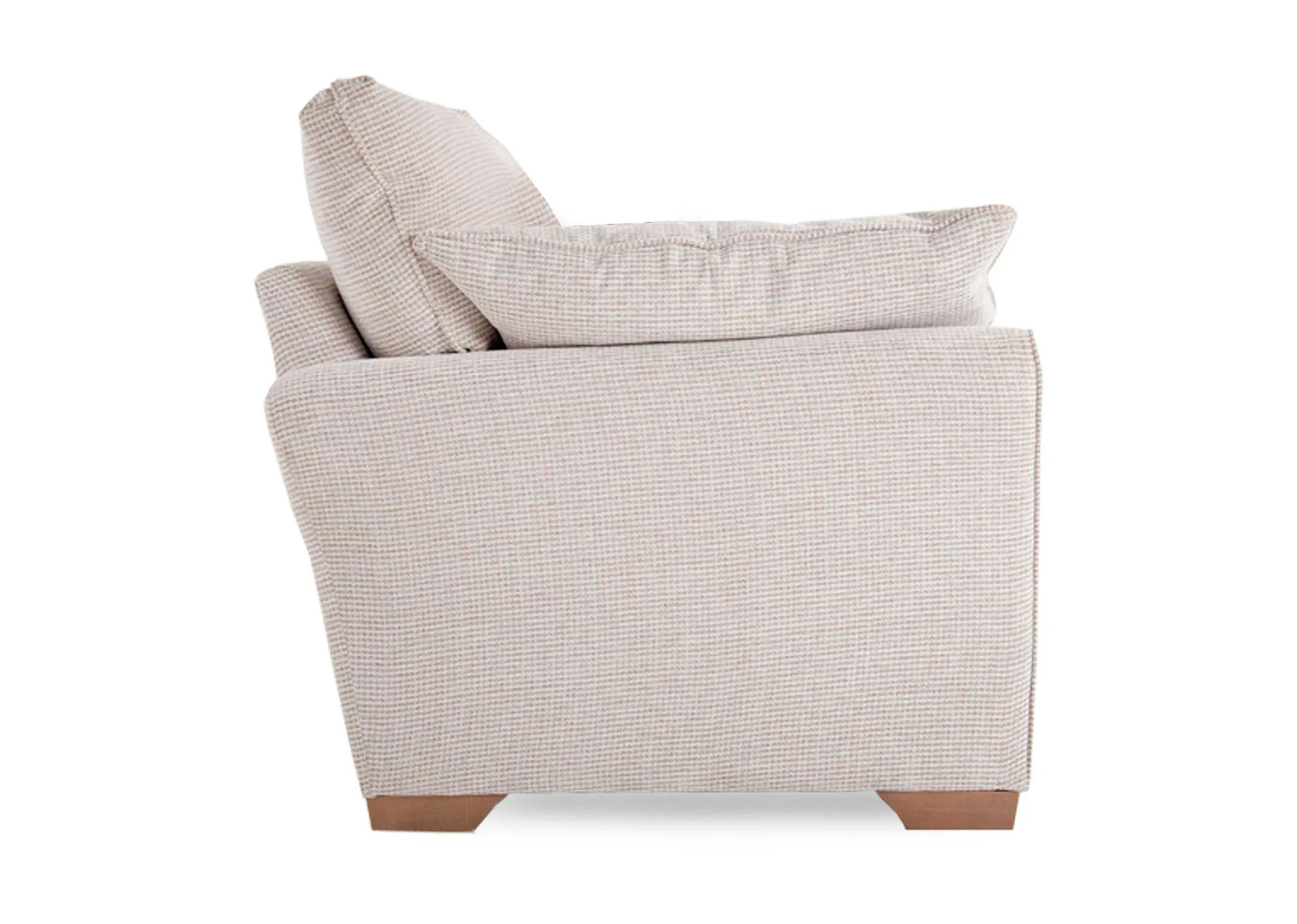 A 2 seater beige accent fabric sofa from EZ Living Furnitures Strata range. Side view of wood feet