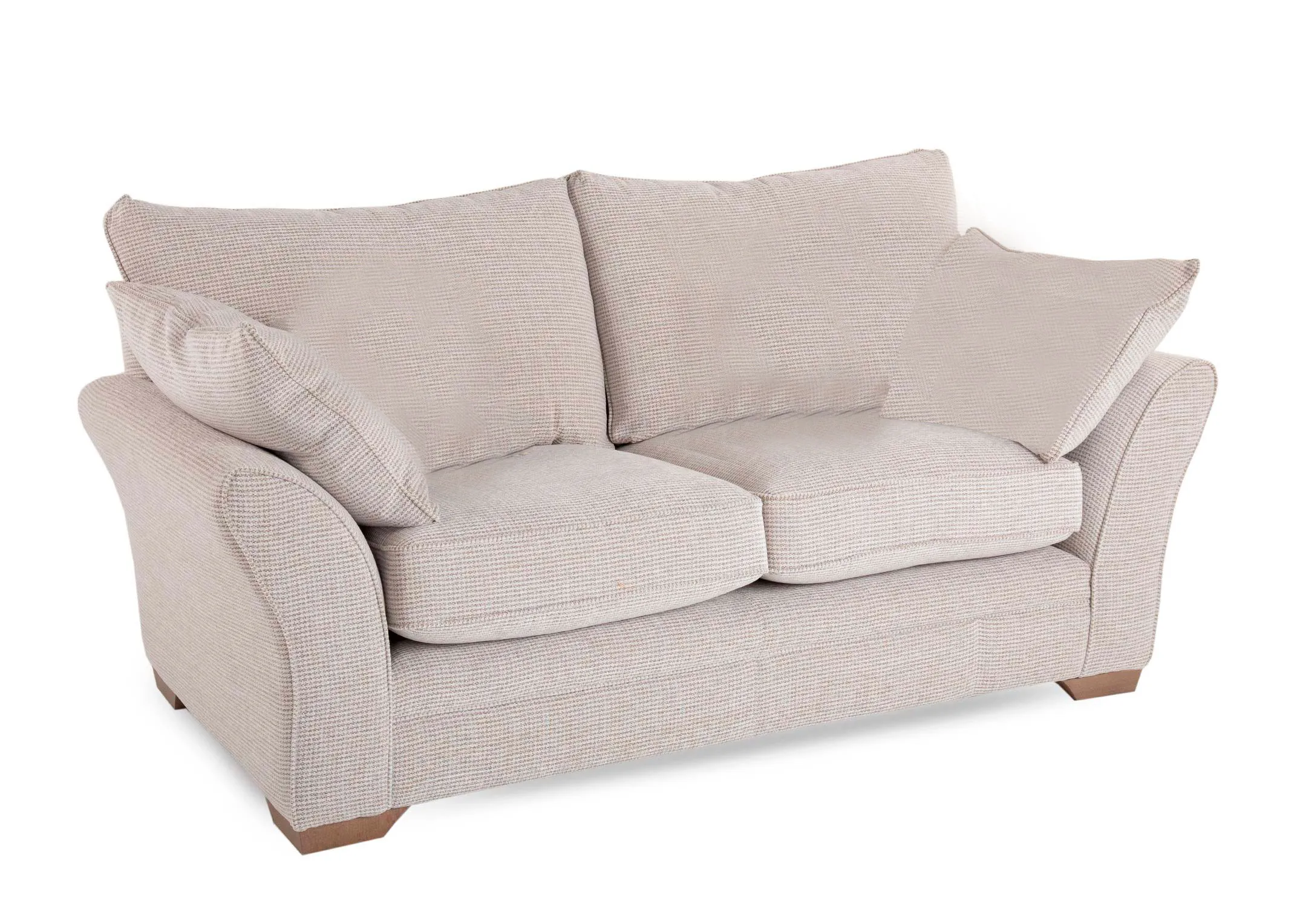 A 2 seater beige accent fabric sofa from EZ Living Furnitures Strata range. Angled view of 2 navy/blue aztec cushions