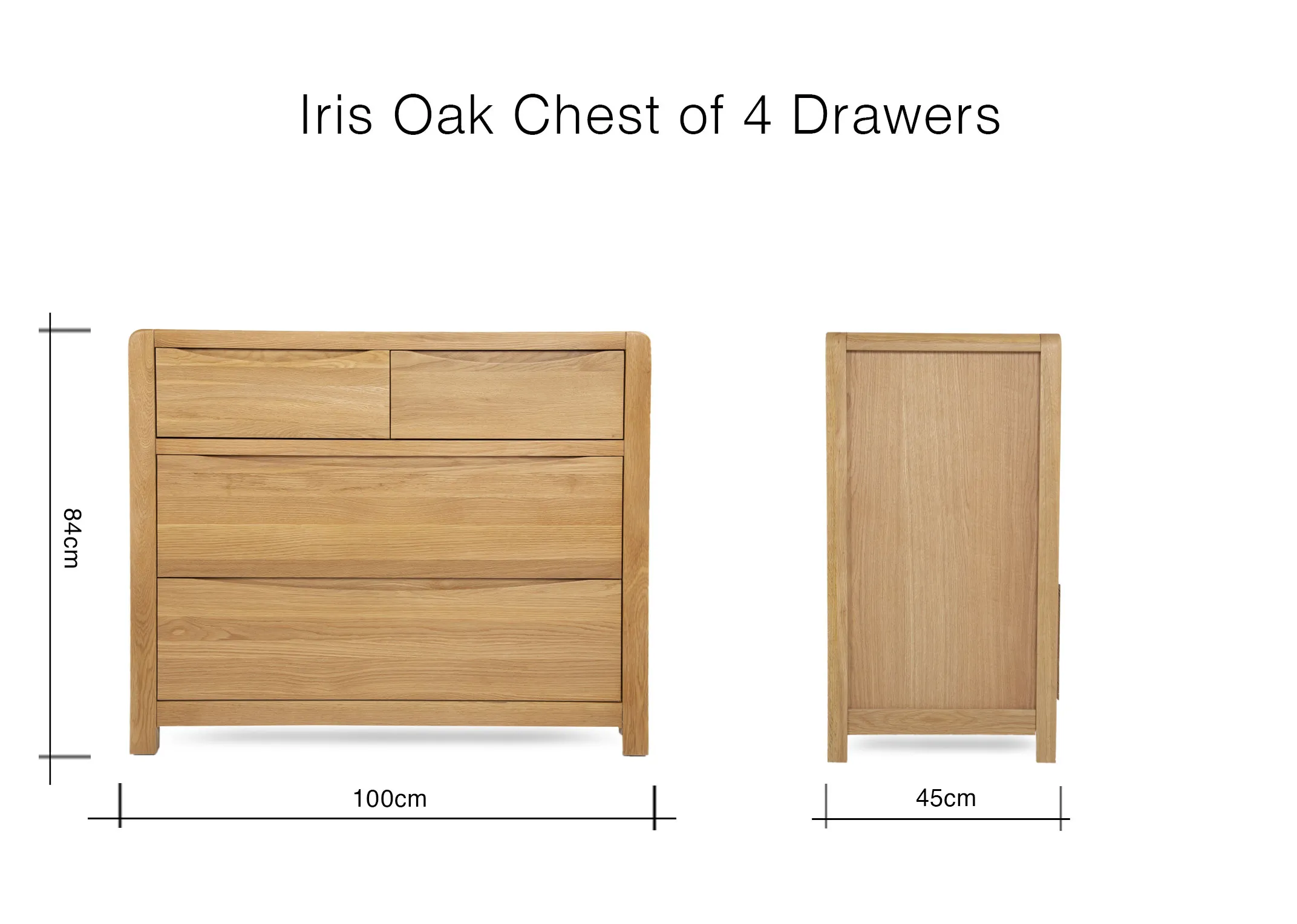 A dimension image of the Iris Oak Chest of drawers with 100cm x 45cm x 