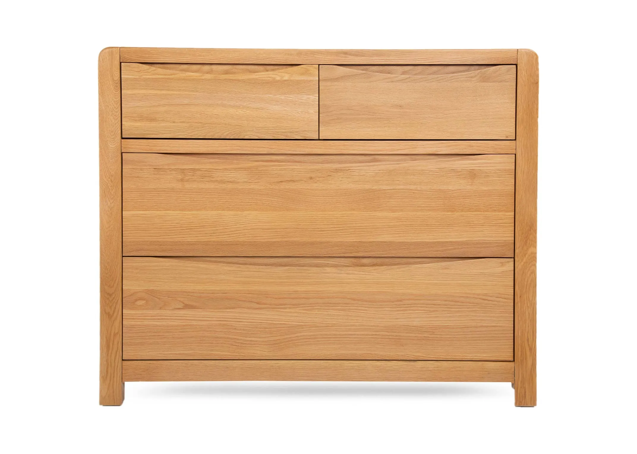 An oak chest of drawers from EZ Livings Iris range. Front view of 2 small over 2 large drawers