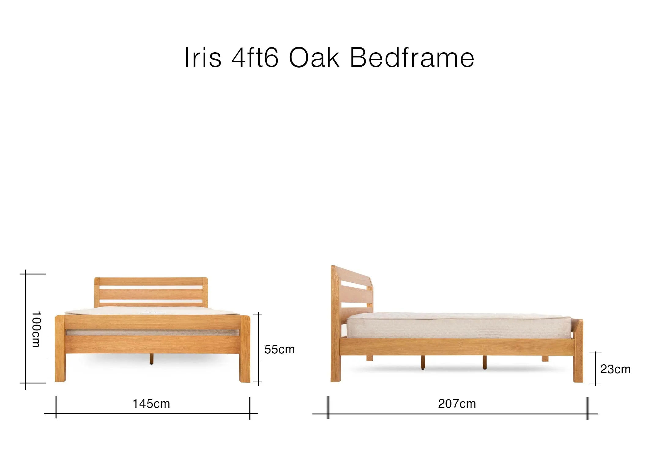 A dimension image of the Iris 4ft6 Bedframe with 145cm (Width) x 207cm (Length) x 100cm (Height)