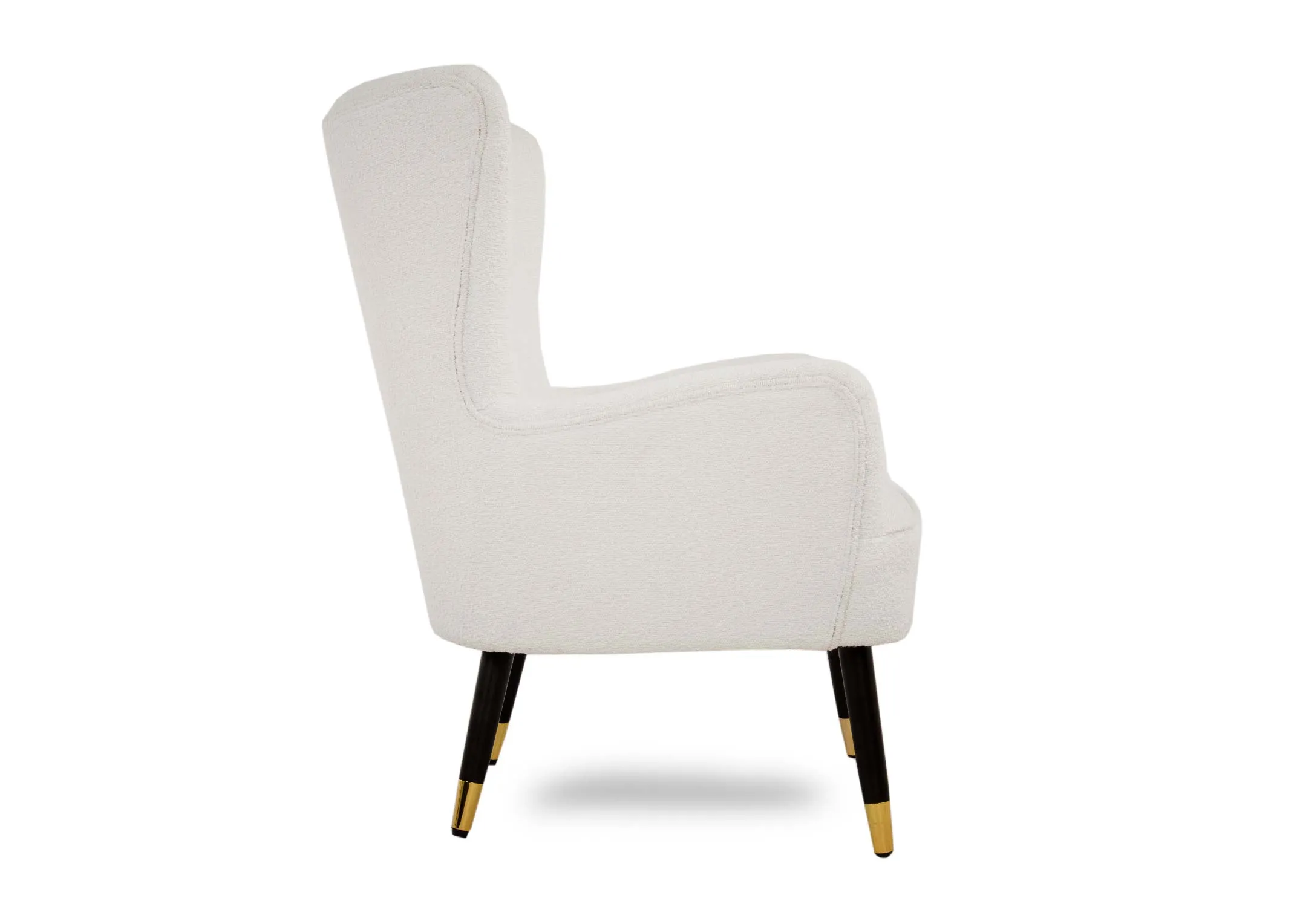 A cream boucle lounge armchair from EZ Living Furnitures Shiraz range. Side view of wing chair back