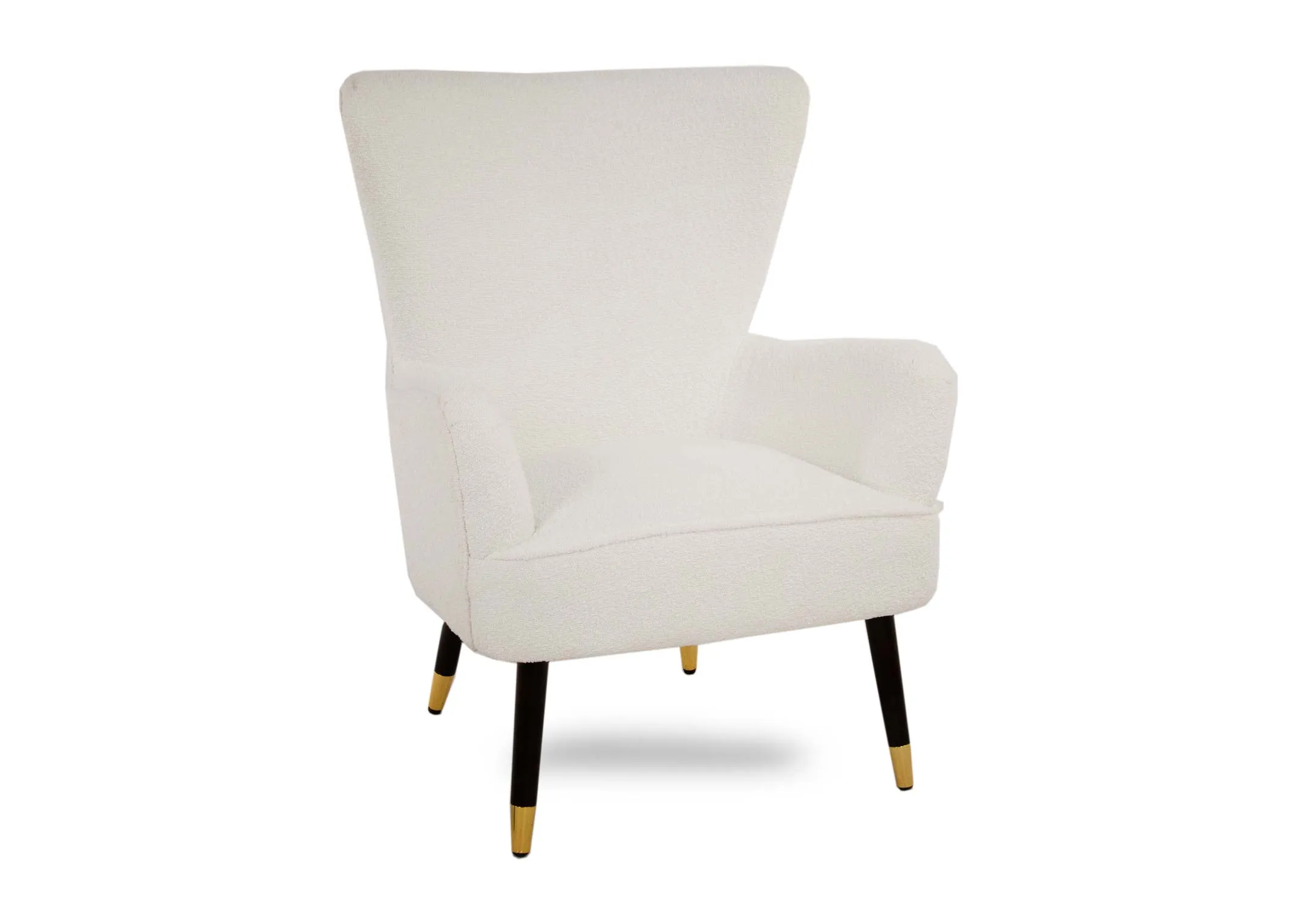A cream boucle lounge armchair from EZ Living Furnitures Shiraz range. Angled view of black legs with gold tips.